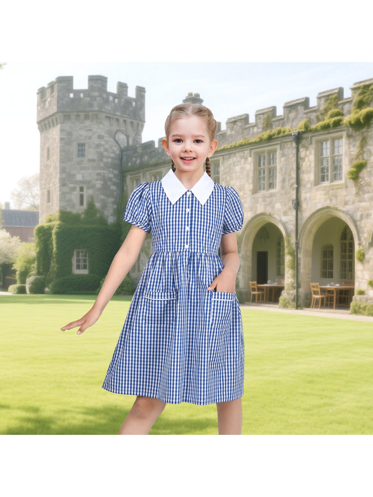 Girls Dress Black Bow Tie Belt School Uniform Front Button Short Sleeves - Navy Gingham