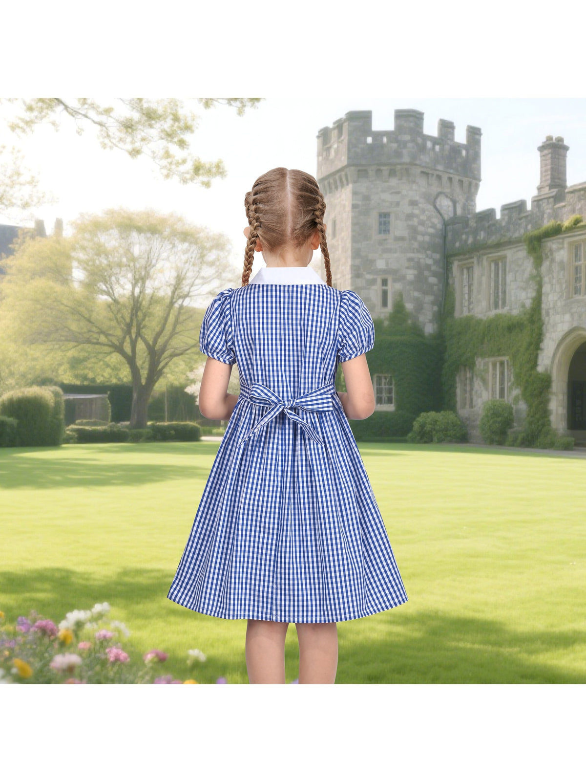 Girls Dress Black Bow Tie Belt School Uniform Front Button Short Sleeves - Navy Gingham