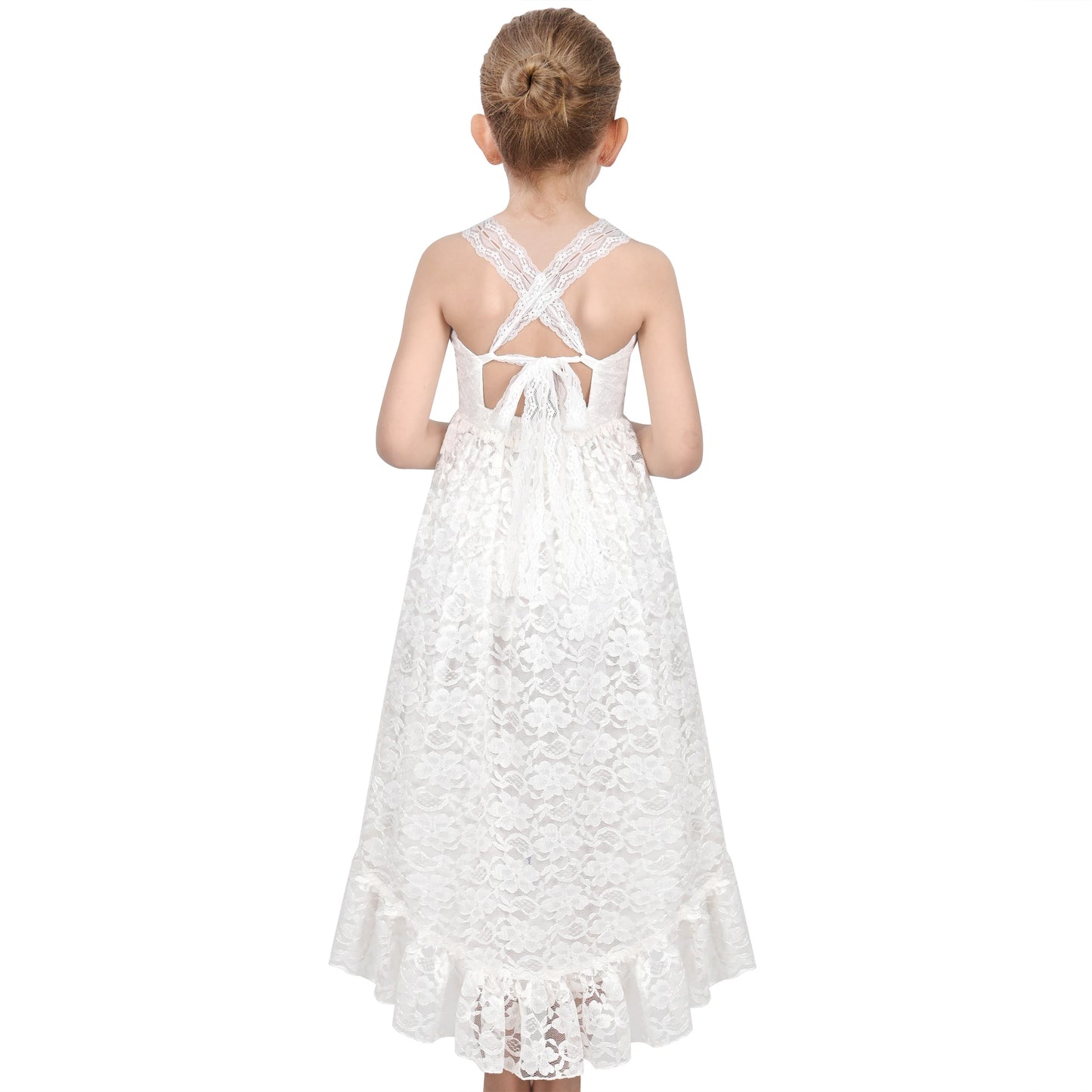 Girls Dress Lilac Lace Floral Hi-lo Strap Summer Holiday Elegant Princess White