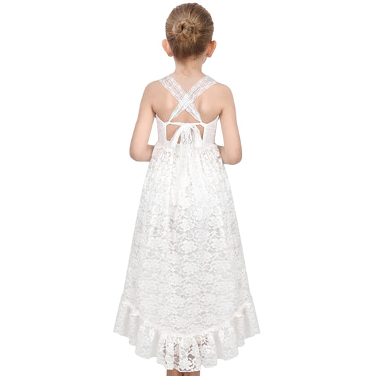 Girls Dress Lilac Lace Floral Hi-lo Strap Summer Holiday Elegant Princess White
