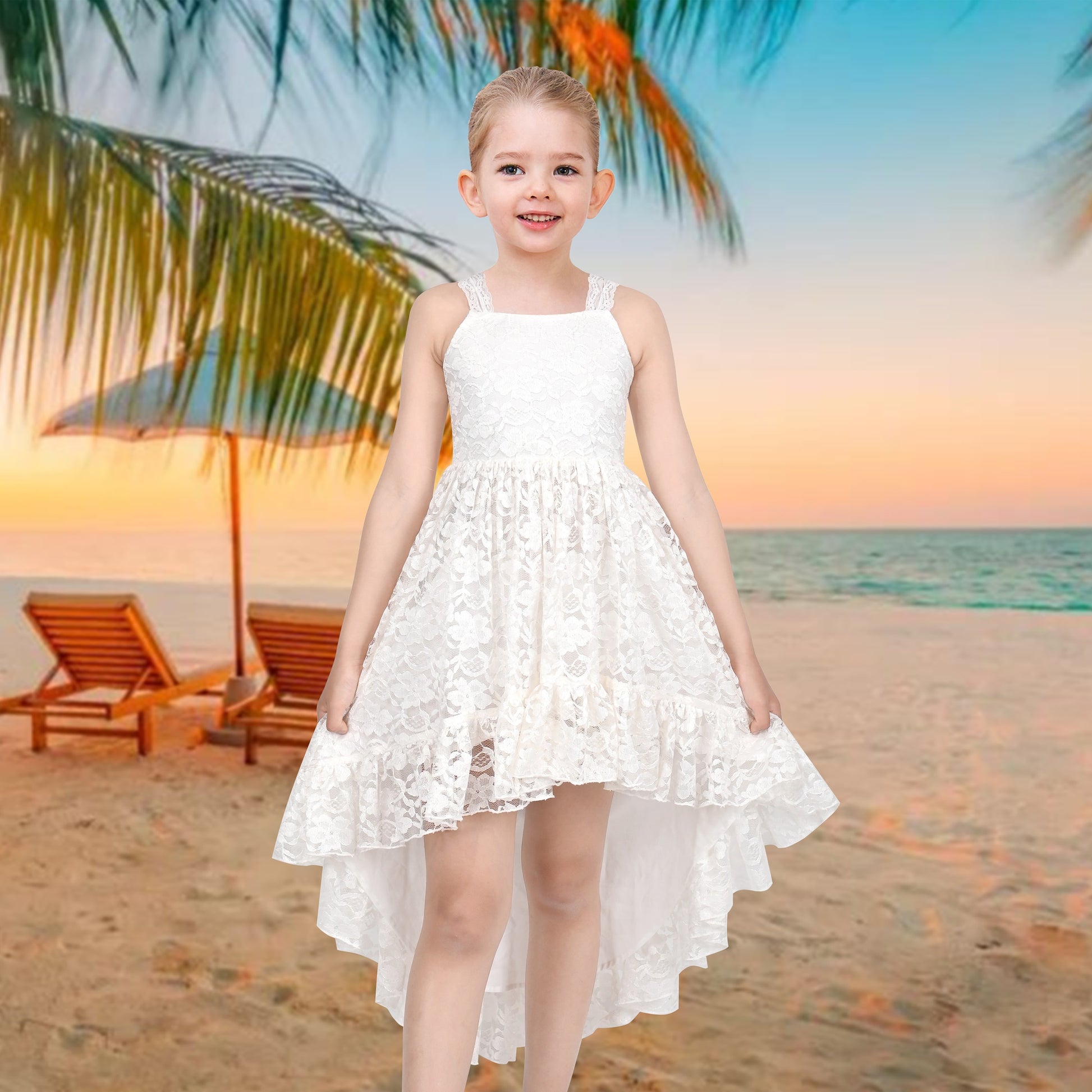 Girls Dress Lilac Lace Floral Hi-lo Strap Summer Holiday Elegant Princess White