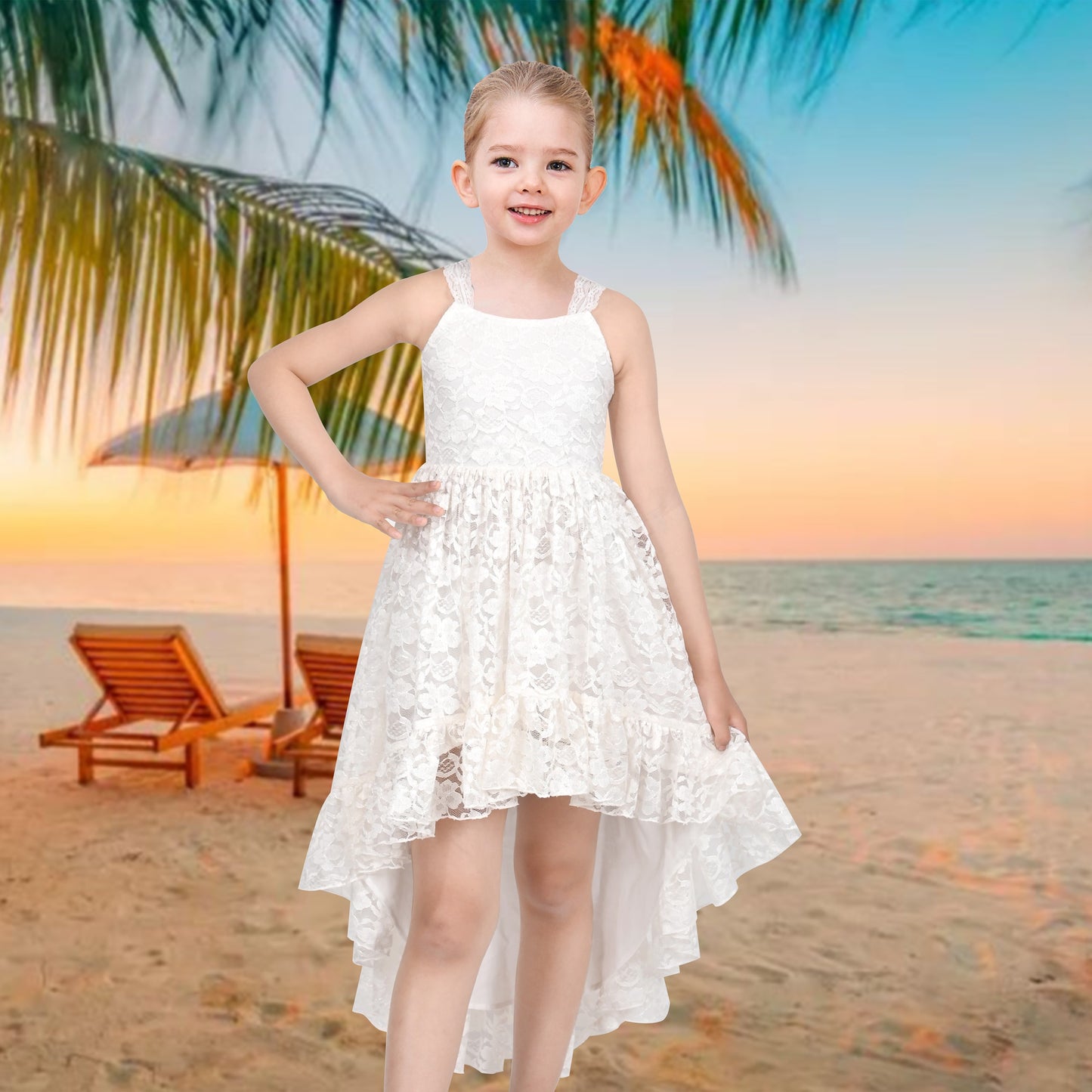 Girls Dress Lilac Lace Floral Hi-lo Strap Summer Holiday Elegant Princess White