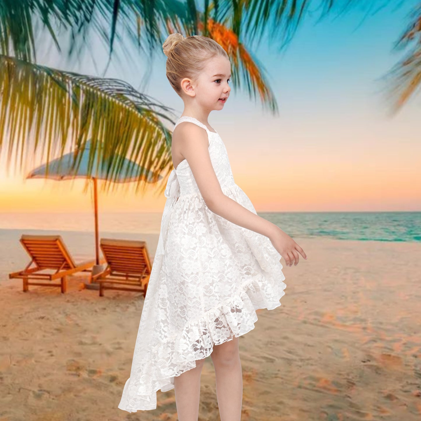 Girls Dress Lilac Lace Floral Hi-lo Strap Summer Holiday Elegant Princess White