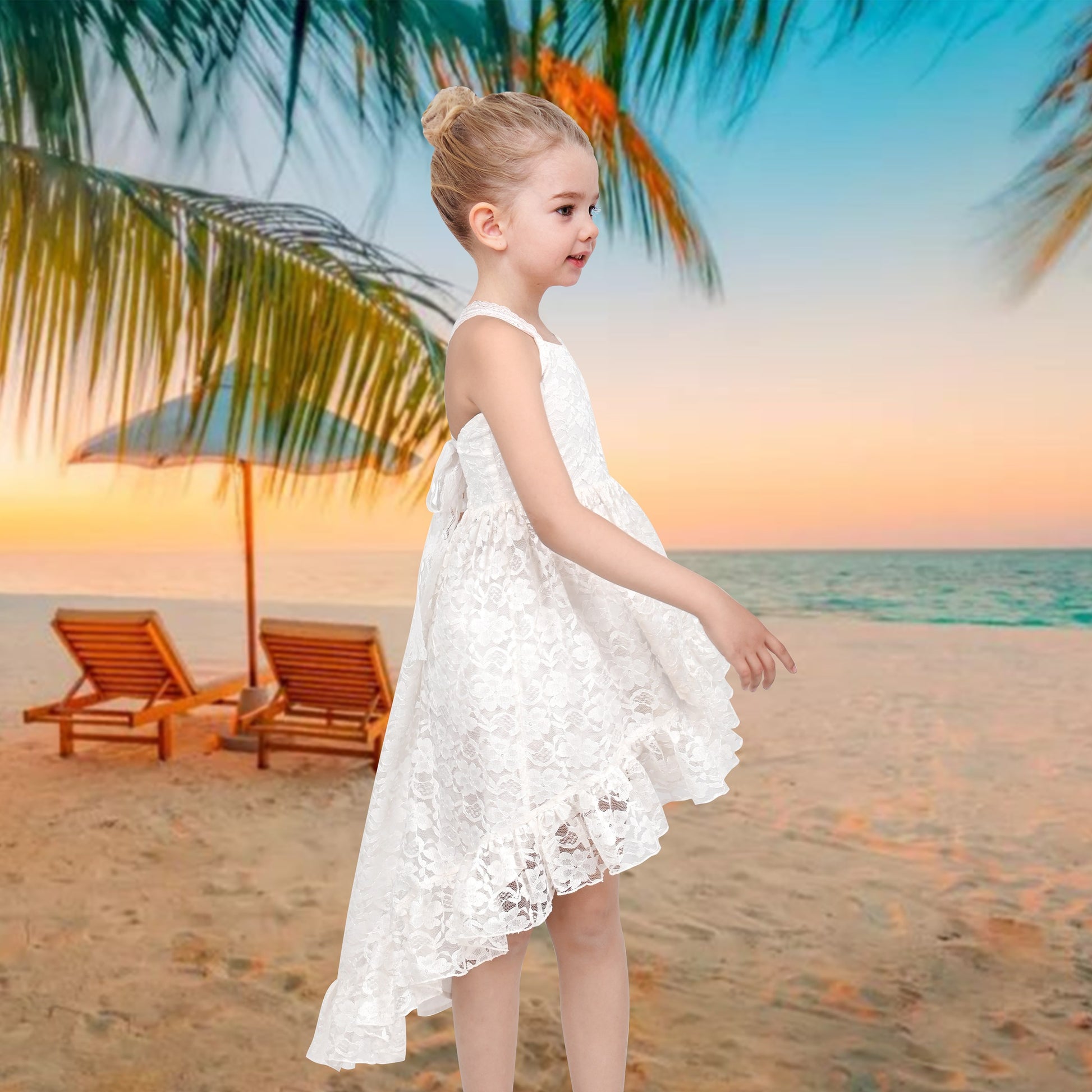 Girls Dress Lilac Lace Floral Hi-lo Strap Summer Holiday Elegant Princess White