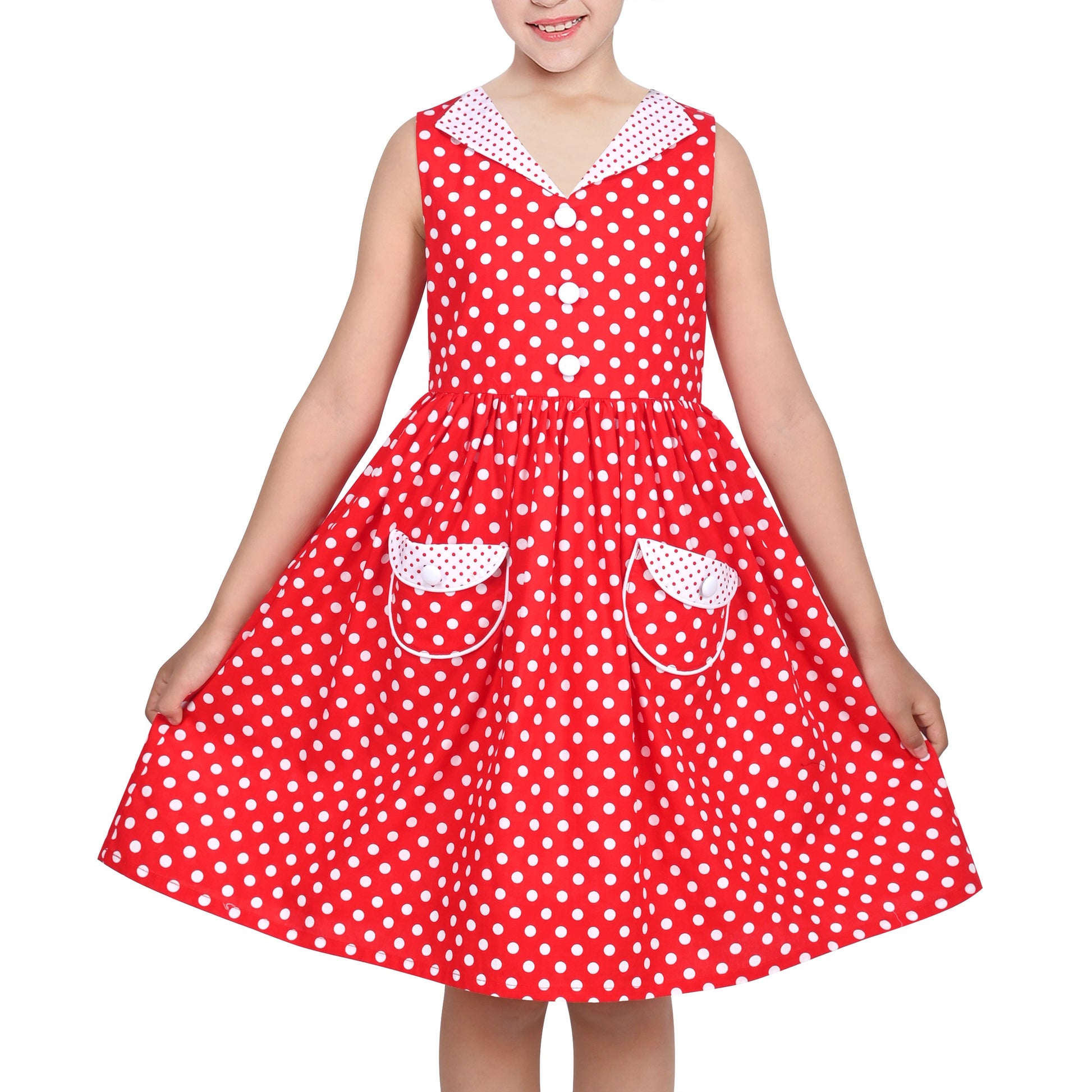 Girls Dress Pink Polka Dot Pocket Button School Summer Sleeveless Cotton Red