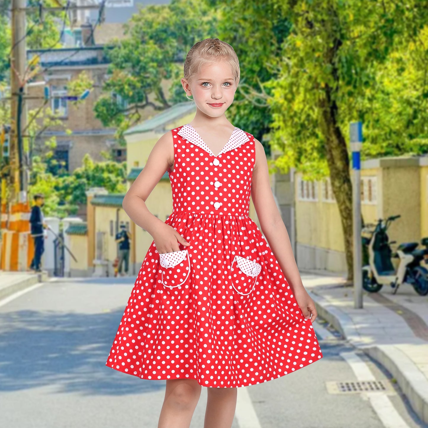 Girls Dress Pink Polka Dot Pocket Button School Summer Sleeveless Cotton Red