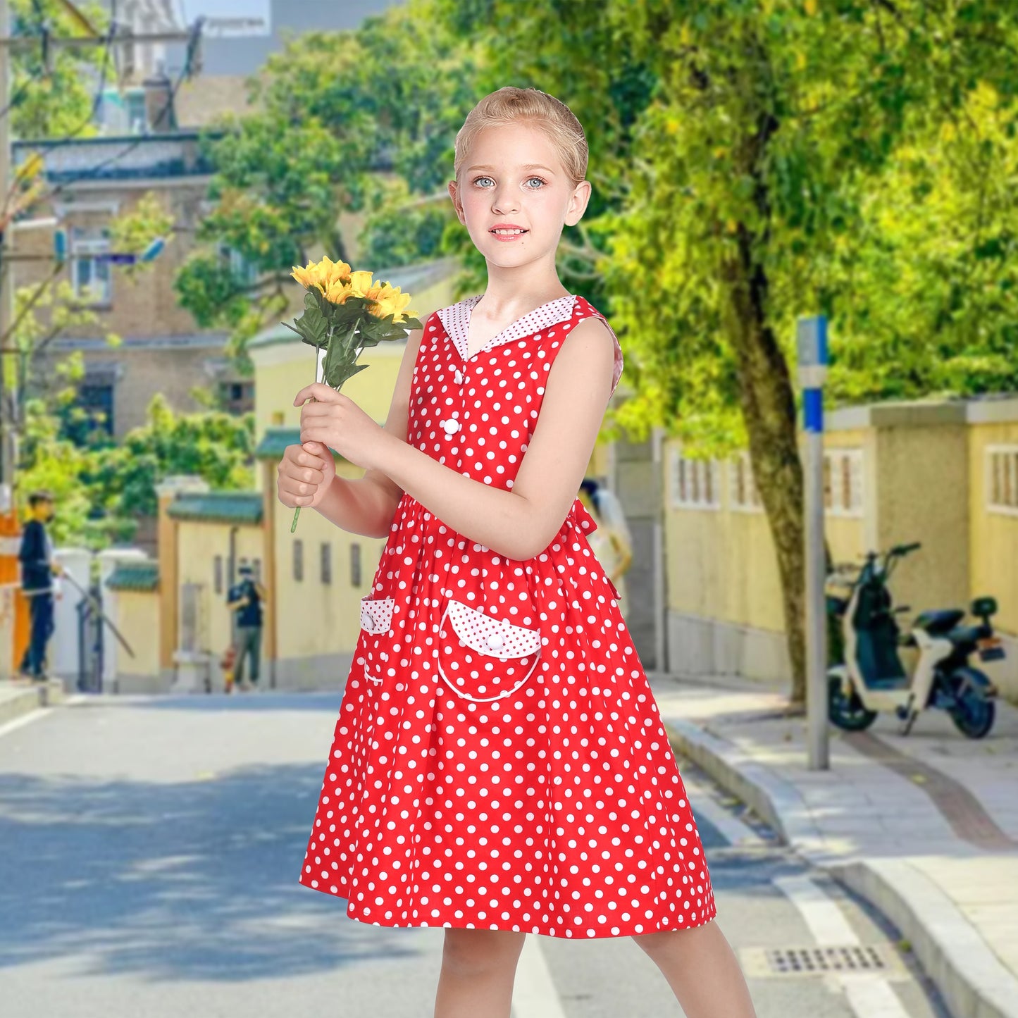 Girls Dress Pink Polka Dot Pocket Button School Summer Sleeveless Cotton Red