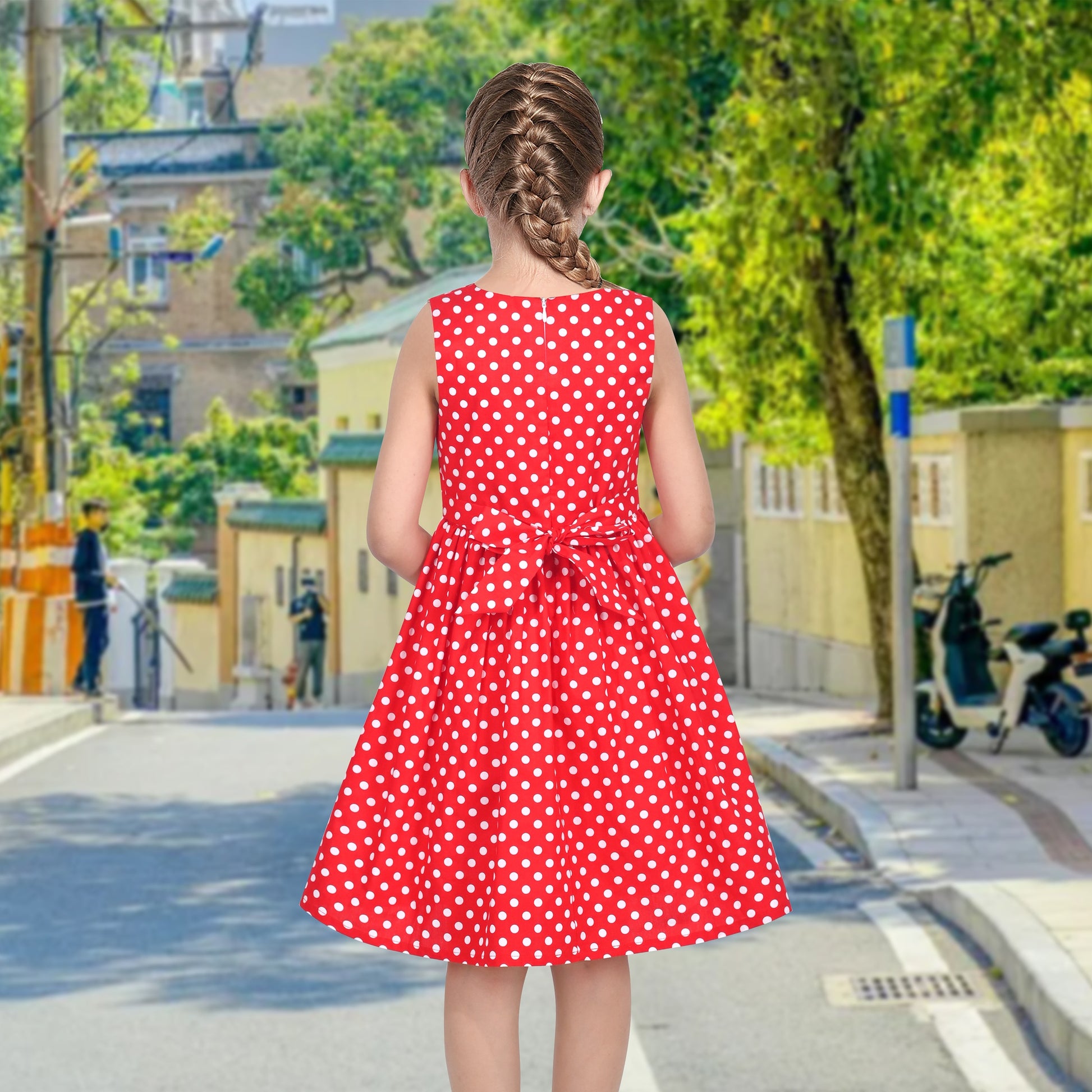 Girls Dress Pink Polka Dot Pocket Button School Summer Sleeveless Cotton Red