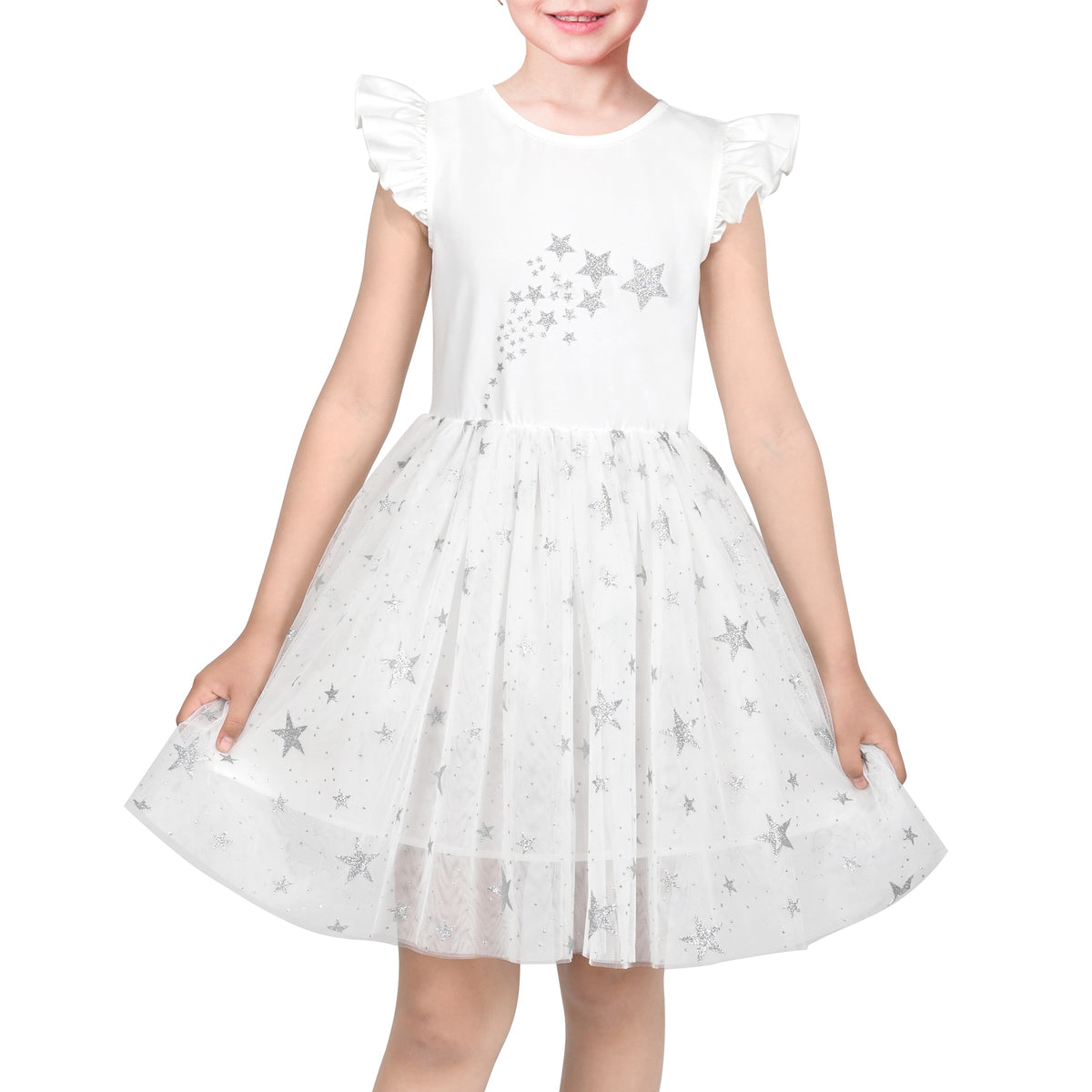 Girls Dress Tutu Skirt Cake Layered Grey Suspender Shiny Star Sleeveless - White Star