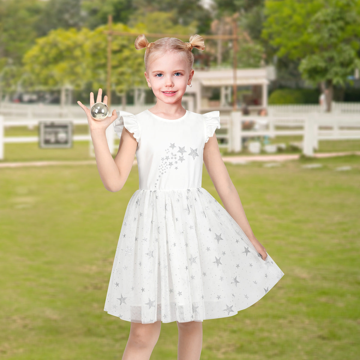 Girls Dress Tutu Skirt Cake Layered Grey Suspender Shiny Star Sleeveless - White Star
