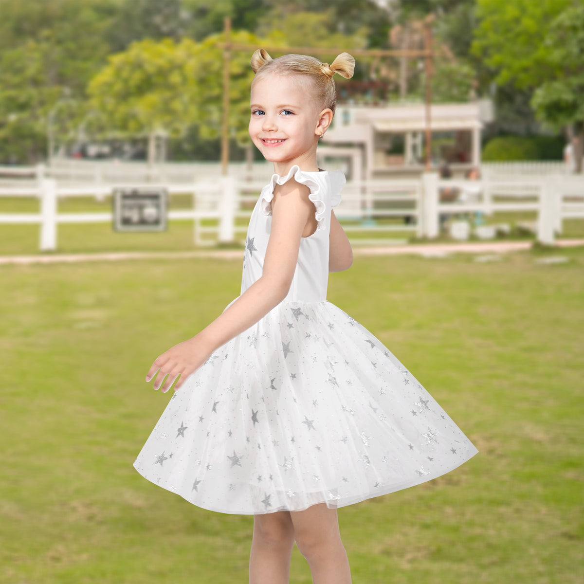 Girls Dress Tutu Skirt Cake Layered Grey Suspender Shiny Star Sleeveless - White Star