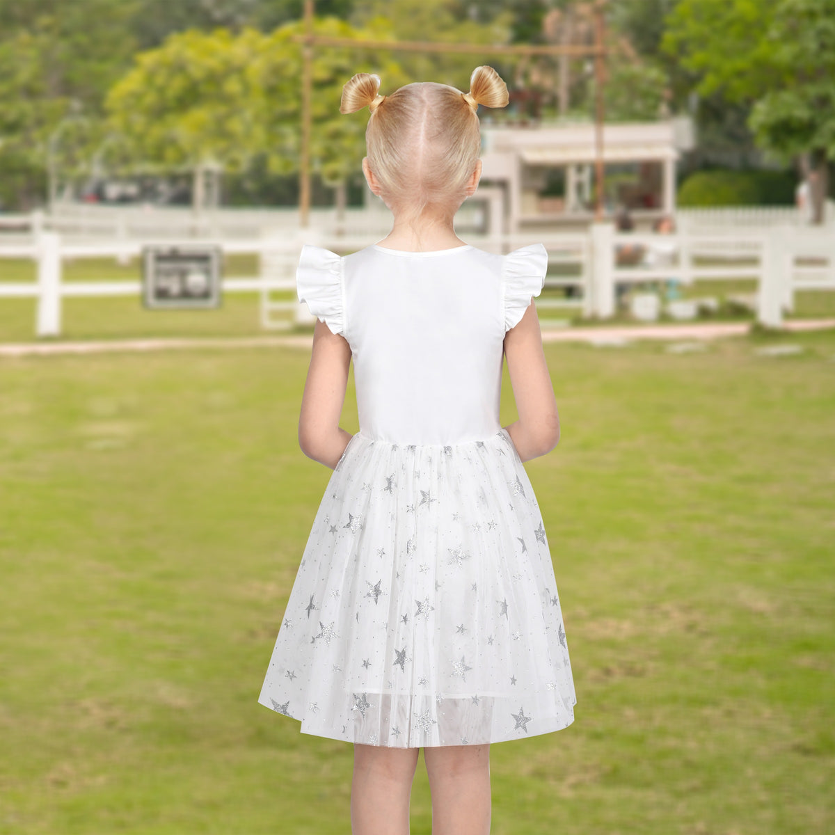 Girls Dress Tutu Skirt Cake Layered Grey Suspender Shiny Star Sleeveless - White Star