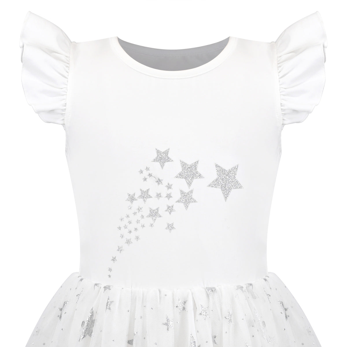 Girls Dress Tutu Skirt Cake Layered Grey Suspender Shiny Star Sleeveless - White Star