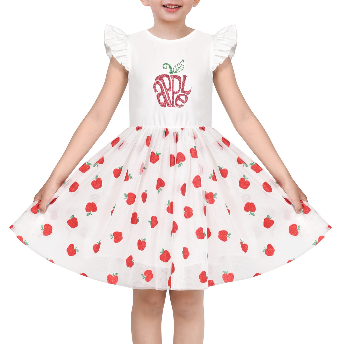 Girls Dress Tutu Skirt Cake Layered Grey Suspender Shiny Star Sleeveless - Red Apple