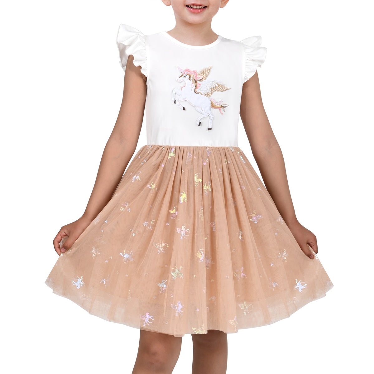 Girls Dress Tutu Skirt Cake Layered Grey Suspender Shiny Star Sleeveless - Beige Unicorn