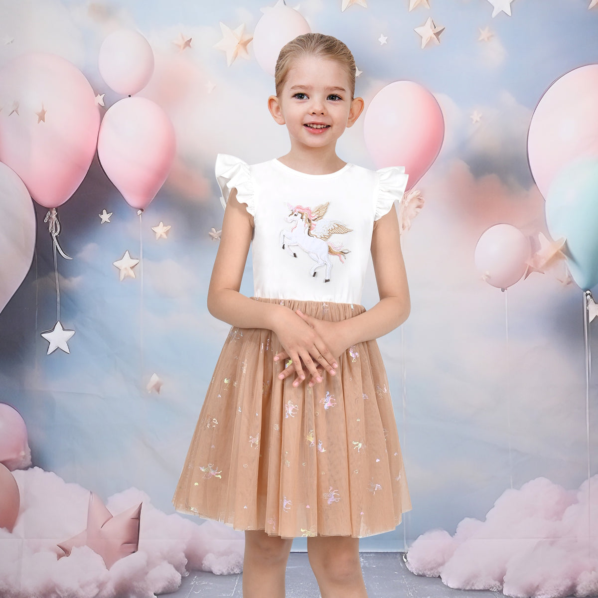 Girls Dress Tutu Skirt Cake Layered Grey Suspender Shiny Star Sleeveless - Beige Unicorn