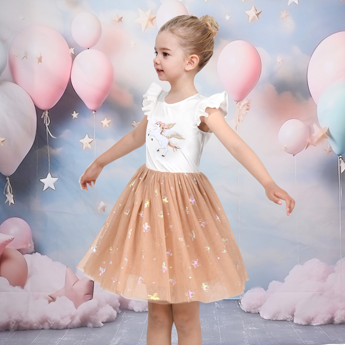 Girls Dress Tutu Skirt Cake Layered Grey Suspender Shiny Star Sleeveless - Beige Unicorn