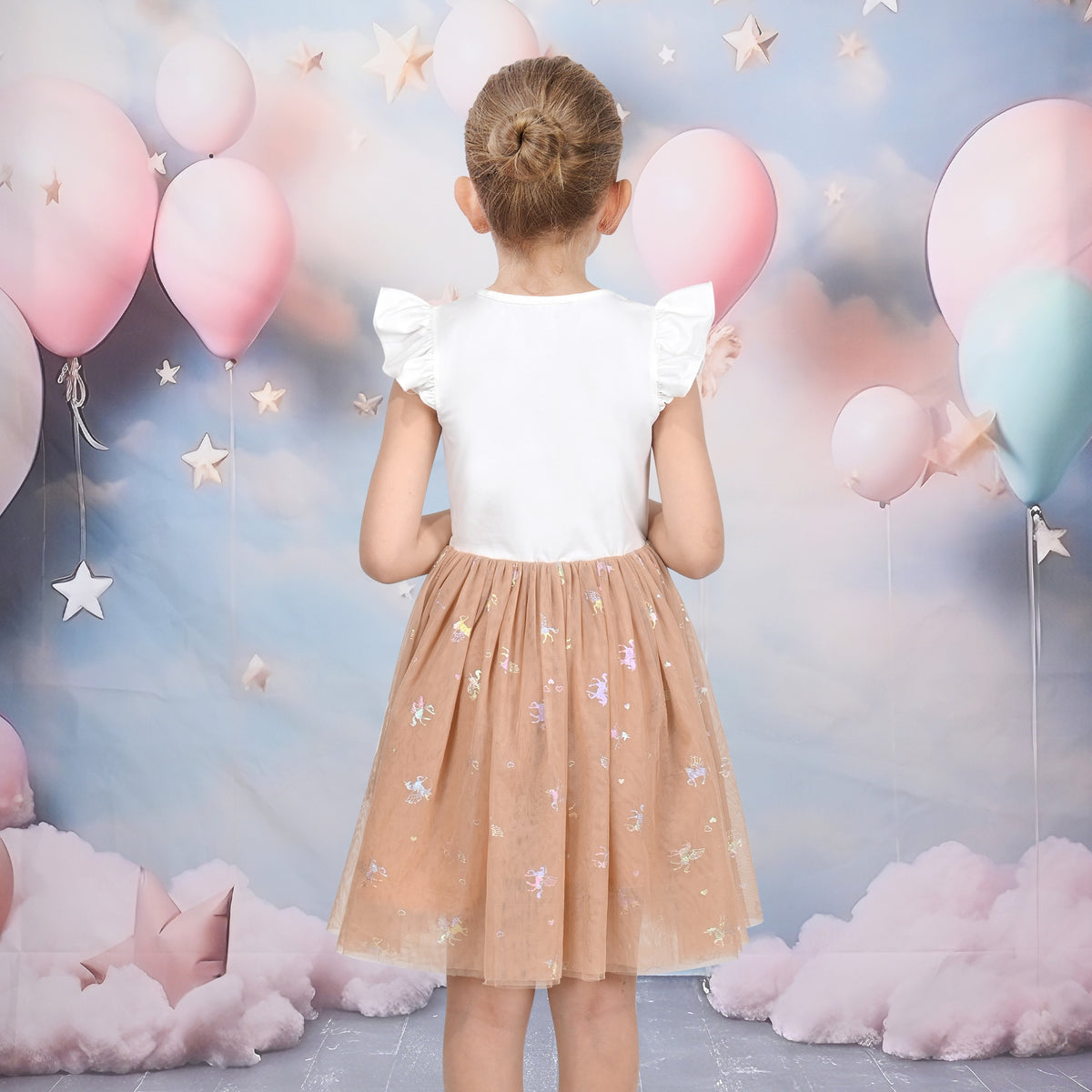 Girls Dress Tutu Skirt Cake Layered Grey Suspender Shiny Star Sleeveless - Beige Unicorn