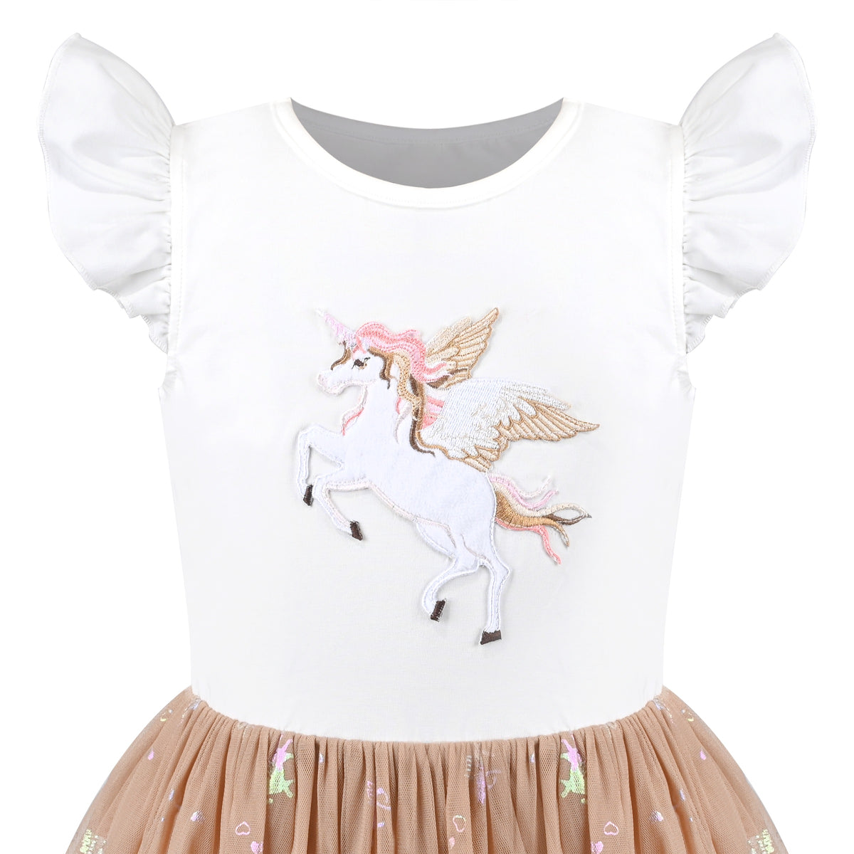 Girls Dress Tutu Skirt Cake Layered Grey Suspender Shiny Star Sleeveless - Beige Unicorn