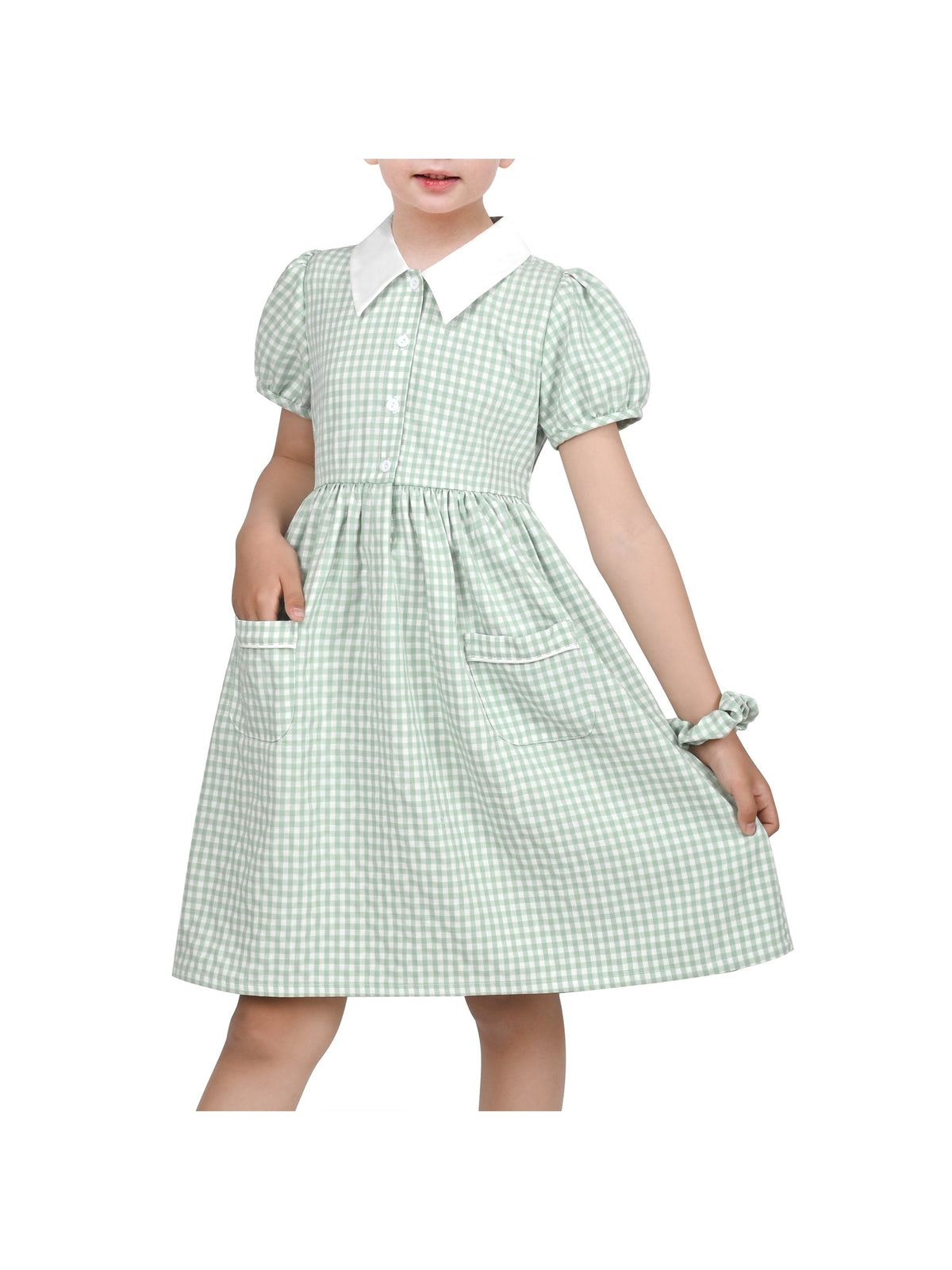 Girls Dress Black Bow Tie Belt School Uniform Front Button Short Sleeves - Sage Gingham