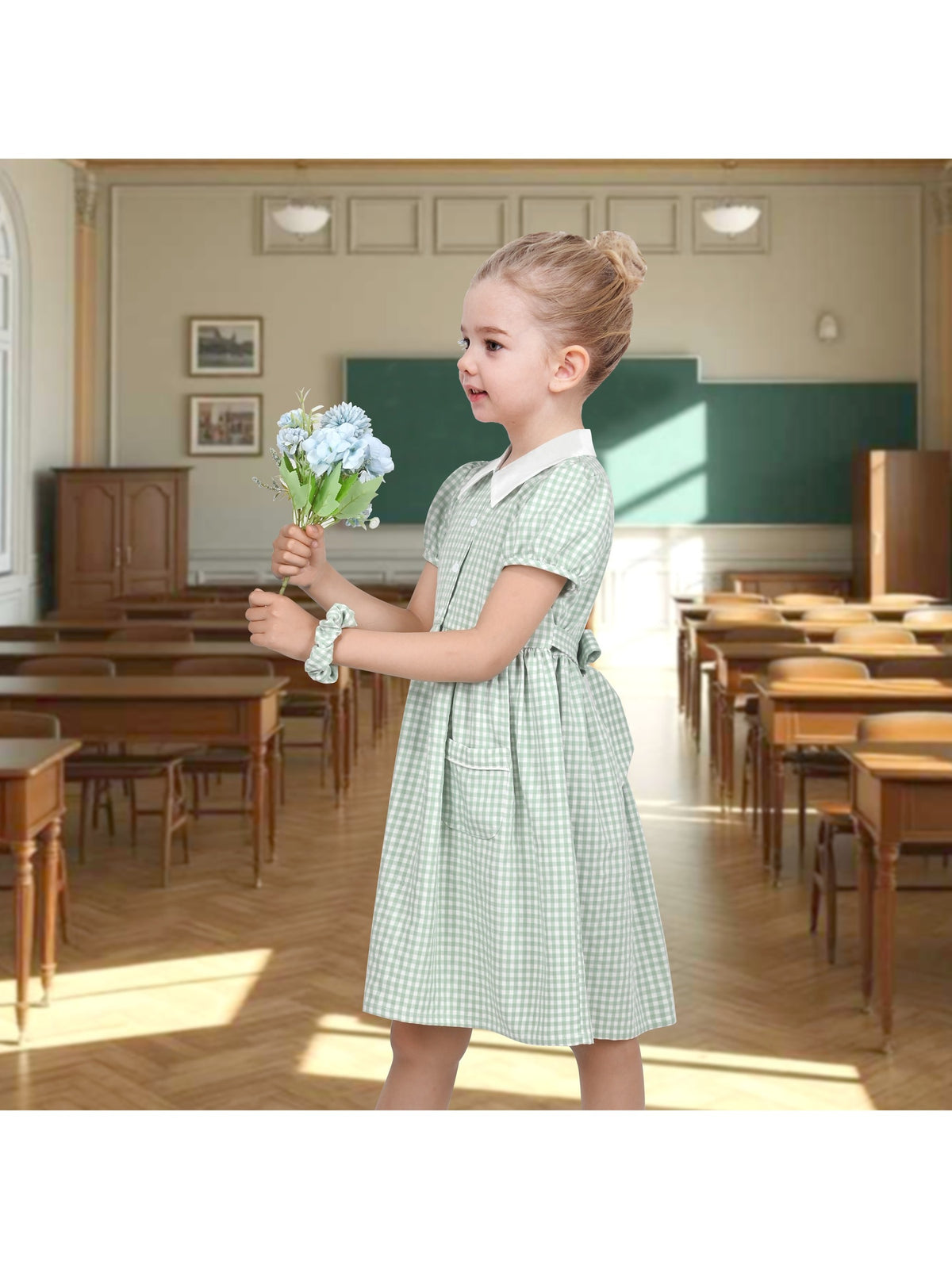 Girls Dress Black Bow Tie Belt School Uniform Front Button Short Sleeves - Sage Gingham
