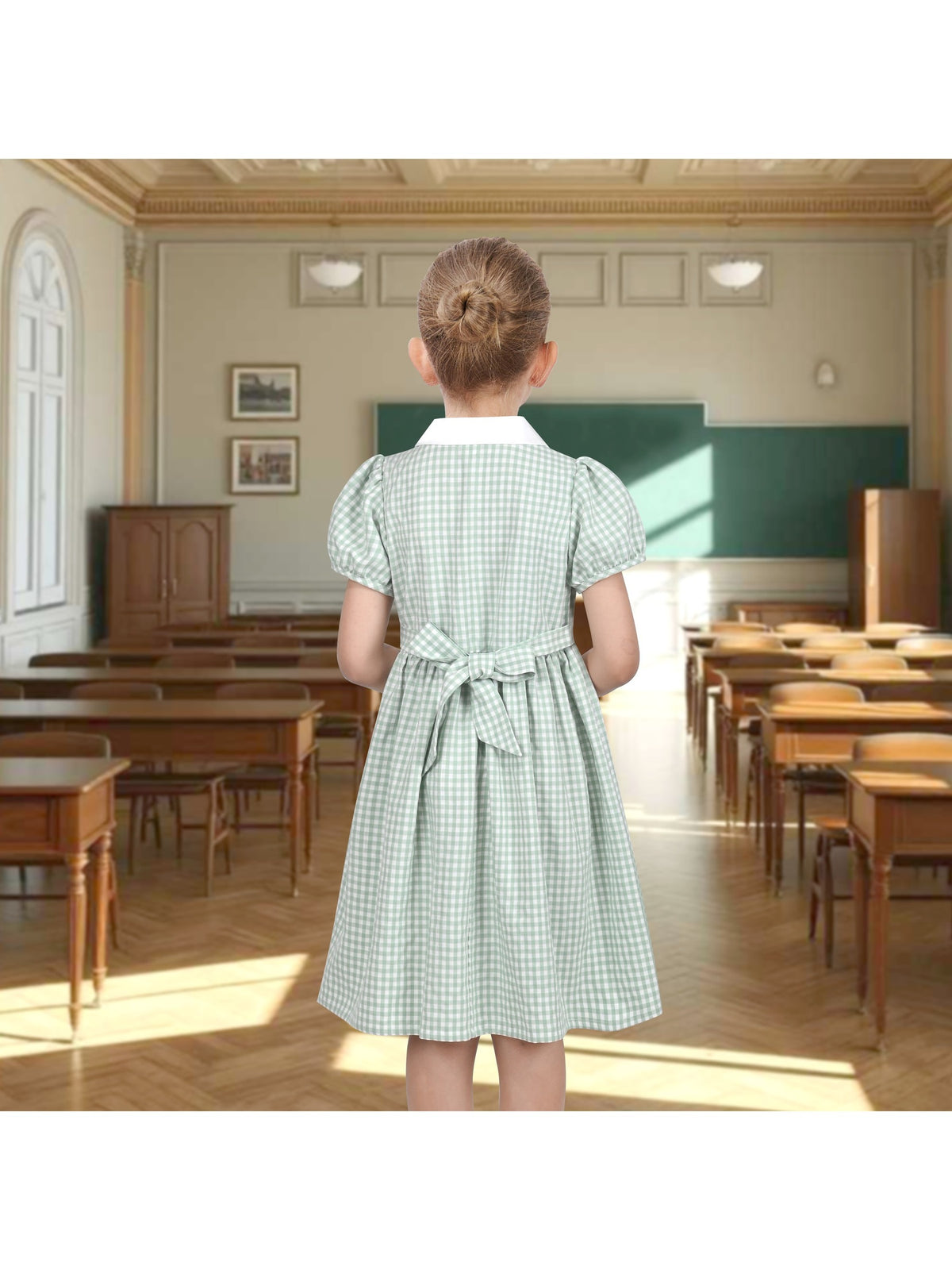 Girls Dress Black Bow Tie Belt School Uniform Front Button Short Sleeves - Sage Gingham