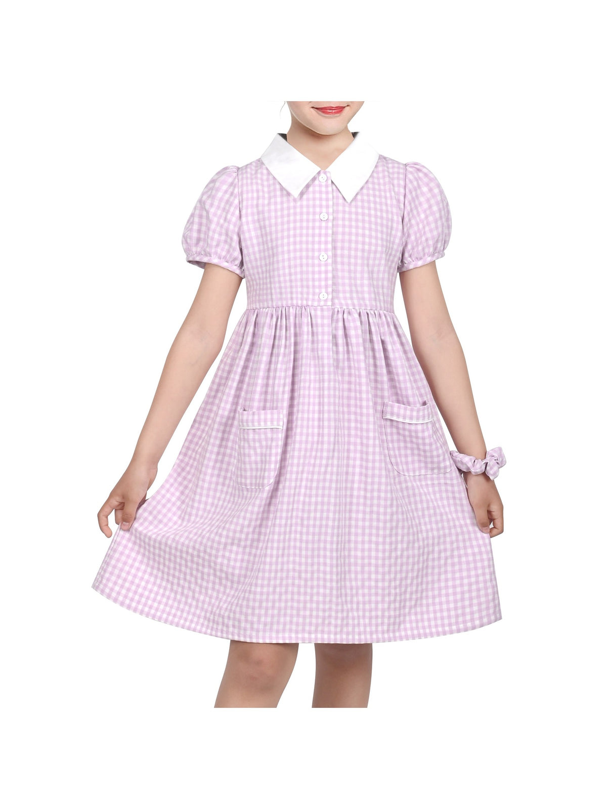 Girls Dress Black Bow Tie Belt School Uniform Front Button Short Sleeves - Purple Gingham