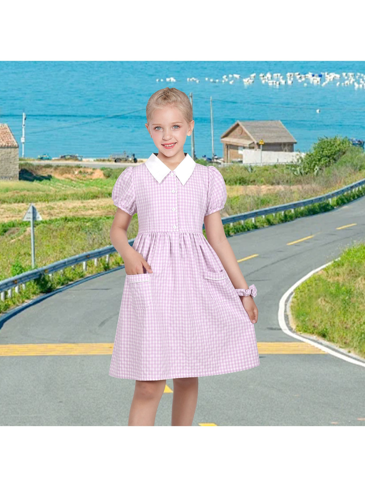 Girls Dress Black Bow Tie Belt School Uniform Front Button Short Sleeves - Purple Gingham