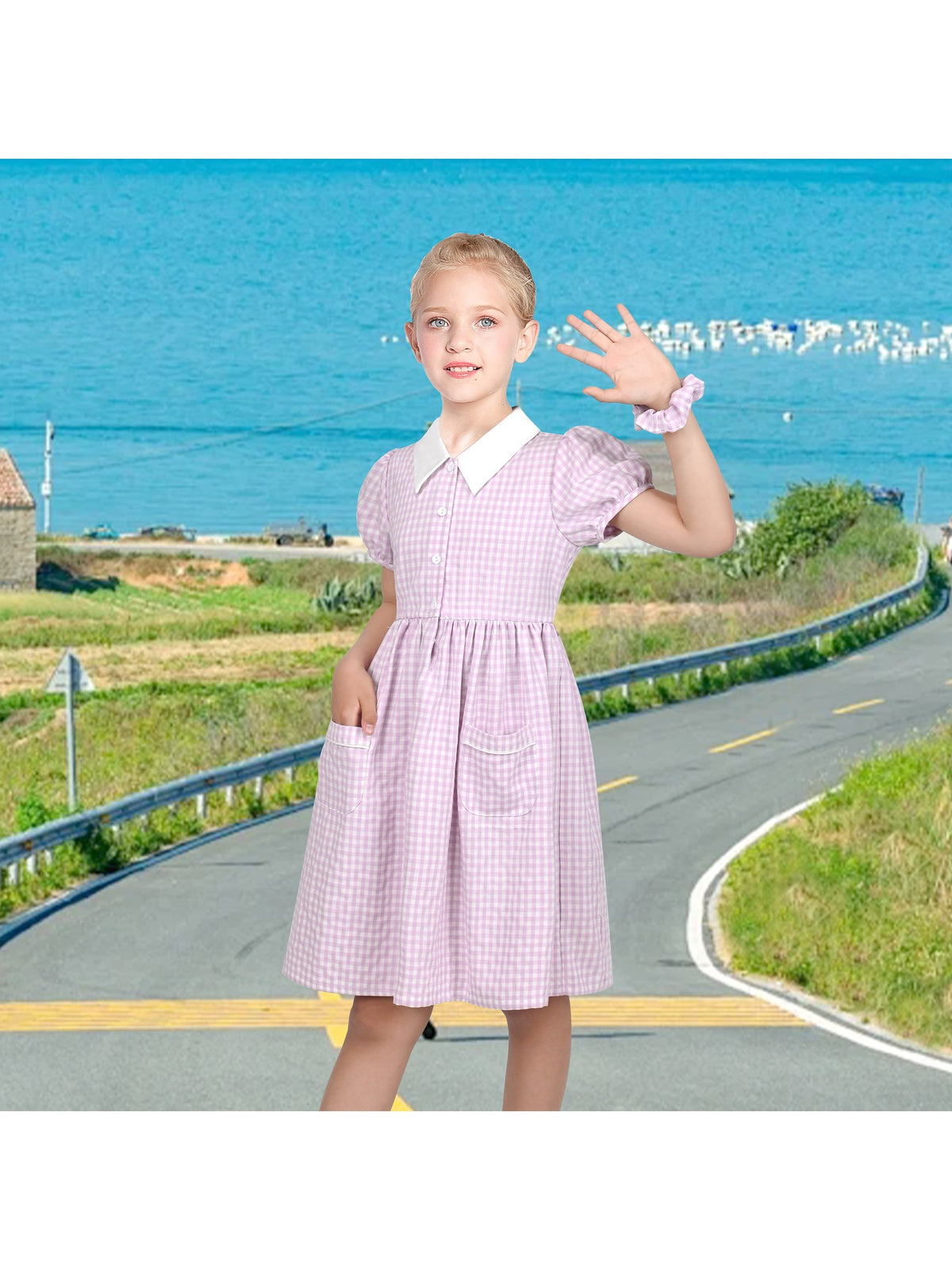 Girls Dress Black Bow Tie Belt School Uniform Front Button Short Sleeves - Purple Gingham