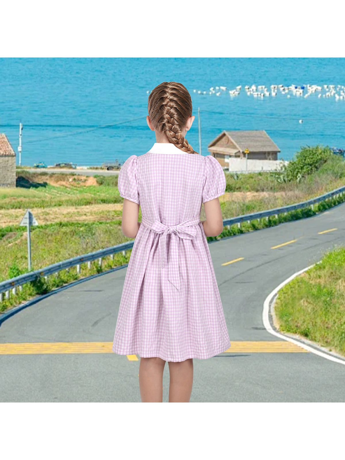 Girls Dress Black Bow Tie Belt School Uniform Front Button Short Sleeves - Purple Gingham