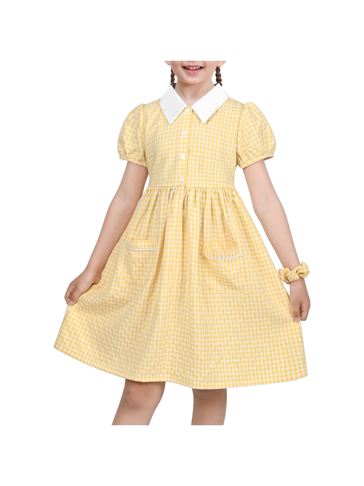 Girls Dress Black Bow Tie Belt School Uniform Front Button Short Sleeves - Yellow Gingham