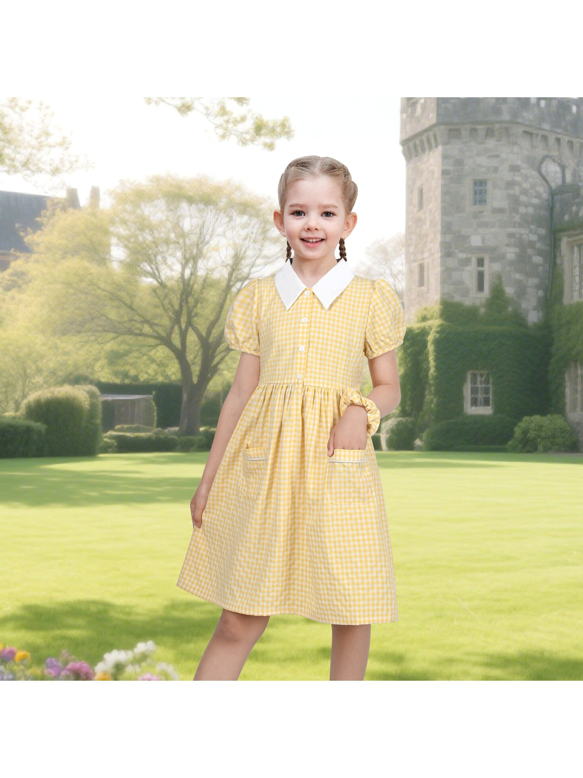 Girls Dress Black Bow Tie Belt School Uniform Front Button Short Sleeves - Yellow Gingham