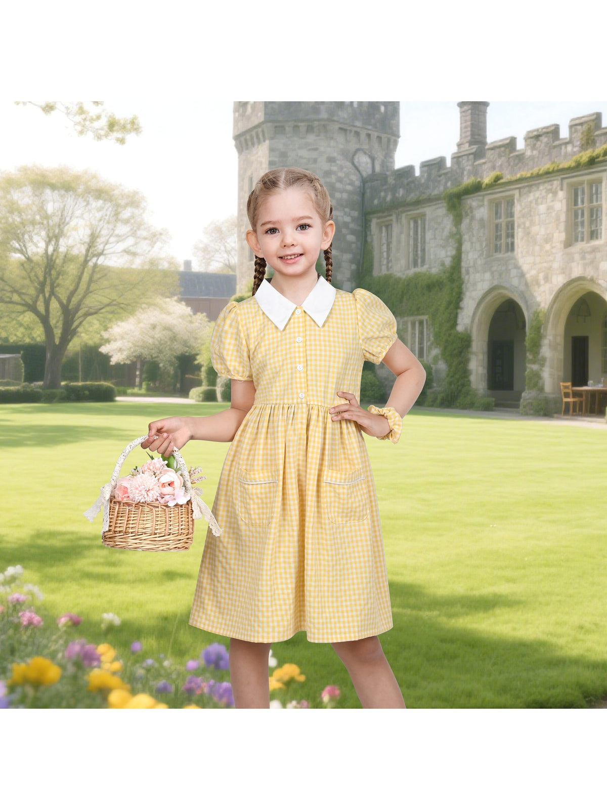 Girls Dress Black Bow Tie Belt School Uniform Front Button Short Sleeves - Yellow Gingham