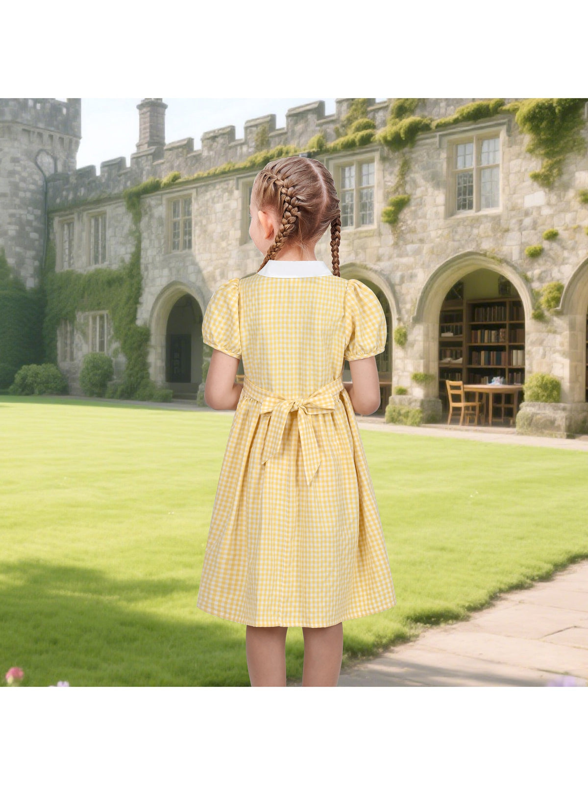 Girls Dress Black Bow Tie Belt School Uniform Front Button Short Sleeves - Yellow Gingham
