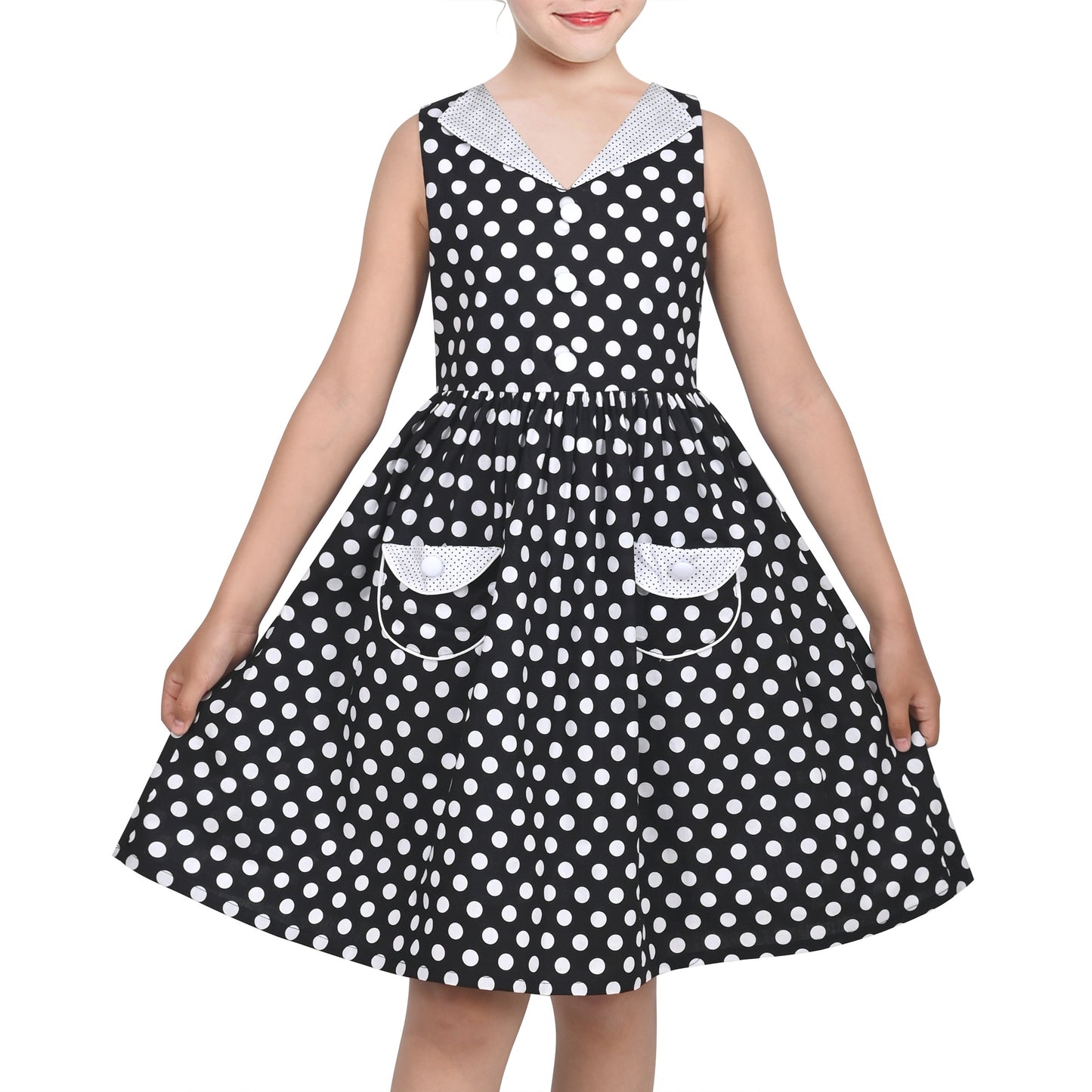 Girls Dress Pink Polka Dot Pocket Button School Summer Sleeveless Cotton Black