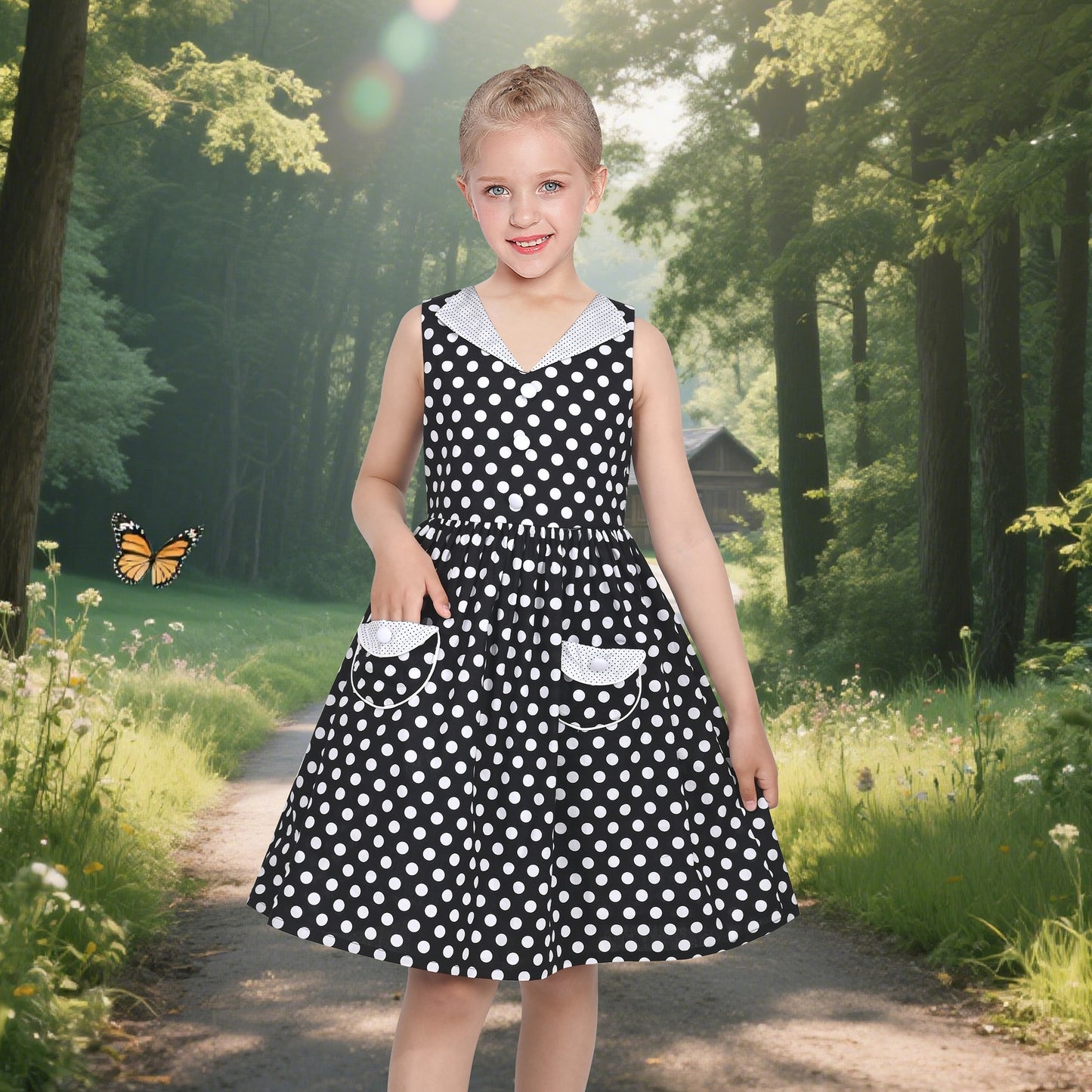 Girls Dress Pink Polka Dot Pocket Button School Summer Sleeveless Cotton Black