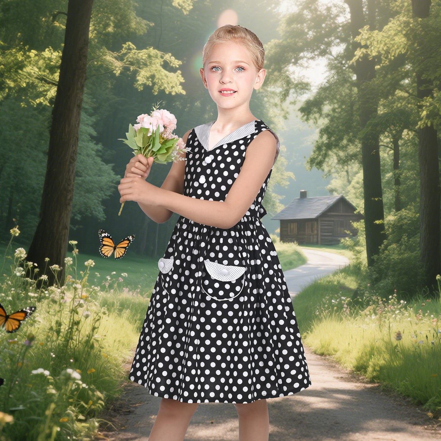 Girls Dress Pink Polka Dot Pocket Button School Summer Sleeveless Cotton Black