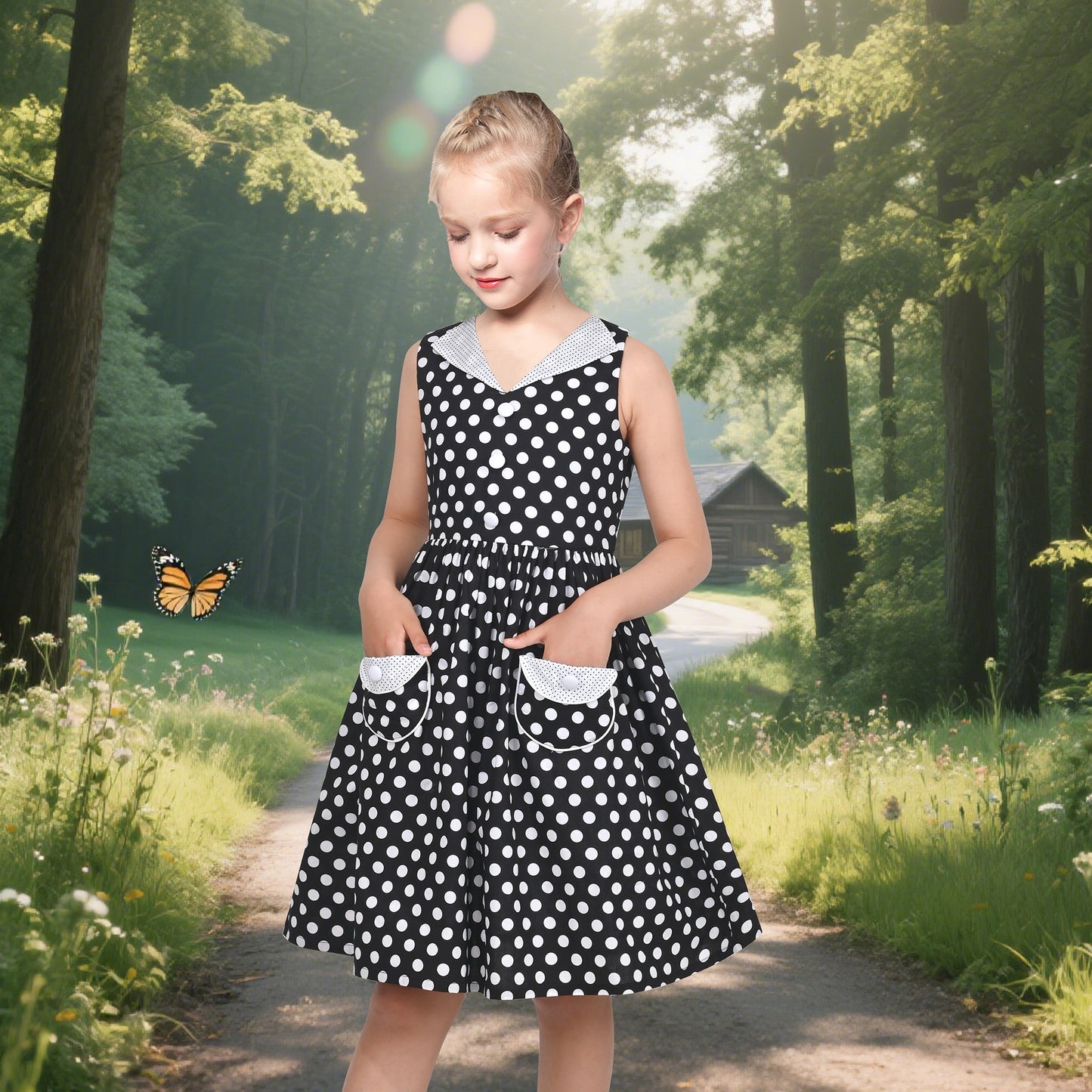 Girls Dress Pink Polka Dot Pocket Button School Summer Sleeveless Cotton Black