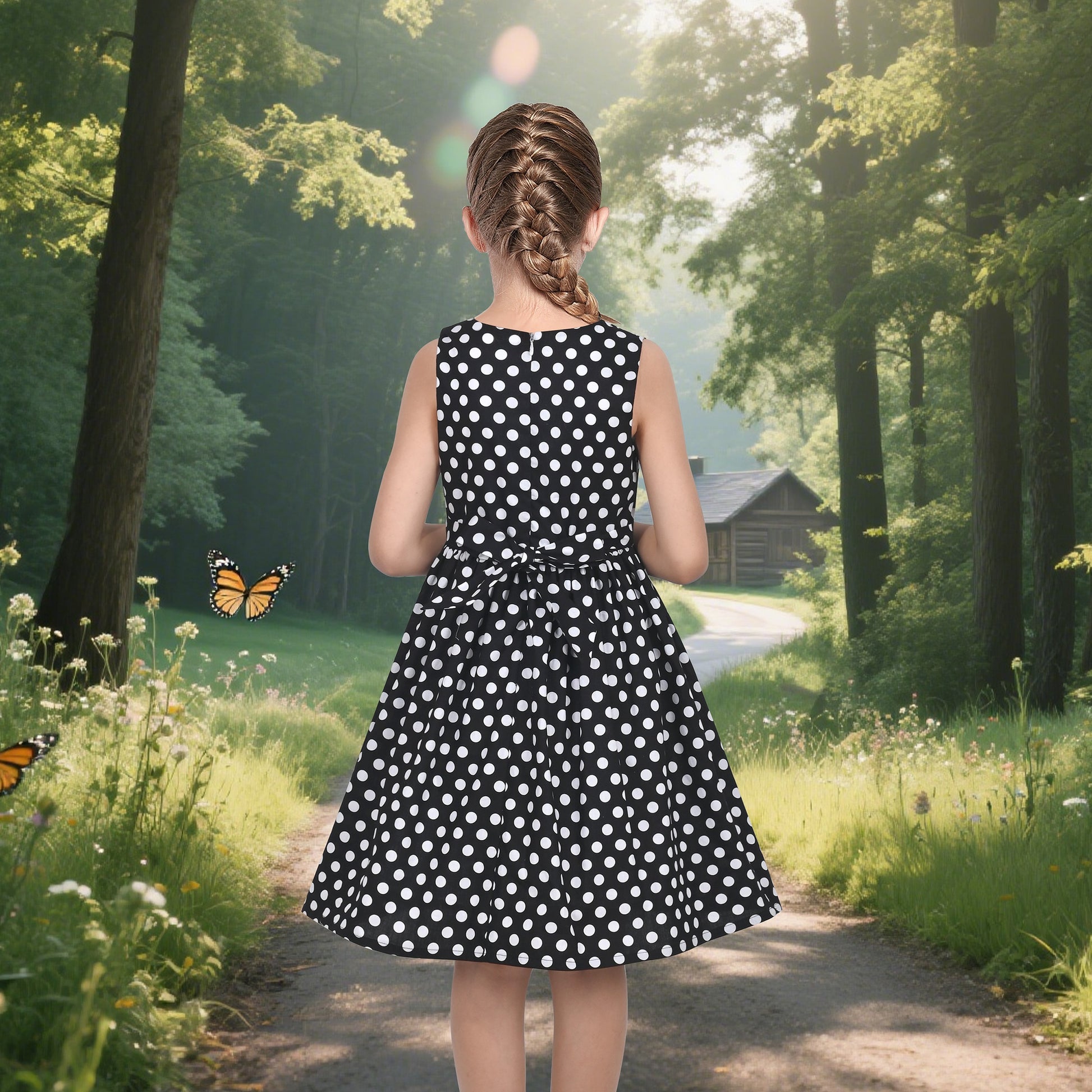 Girls Dress Pink Polka Dot Pocket Button School Summer Sleeveless Cotton Black