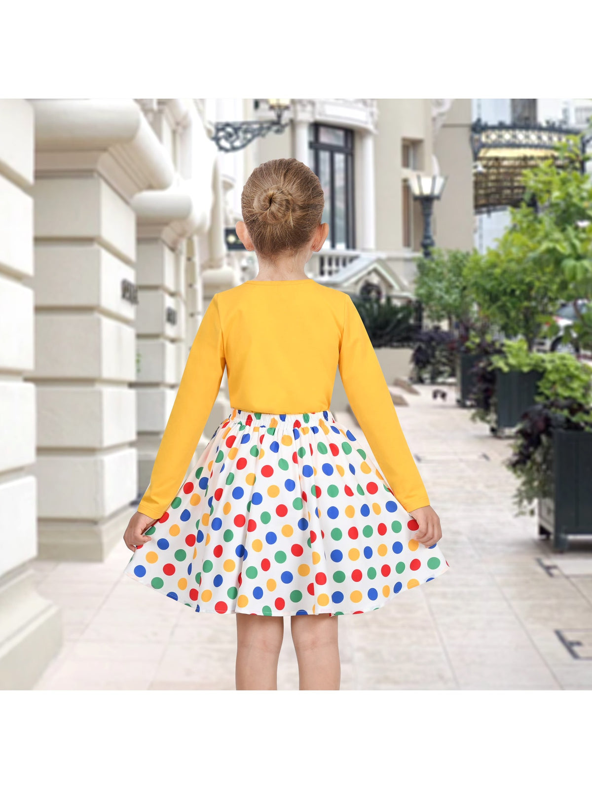 Girls Skirt Set 2 Piece Long Shirt Tutu Skirt Rainbow Multicolor Sequin - Colorful Dot