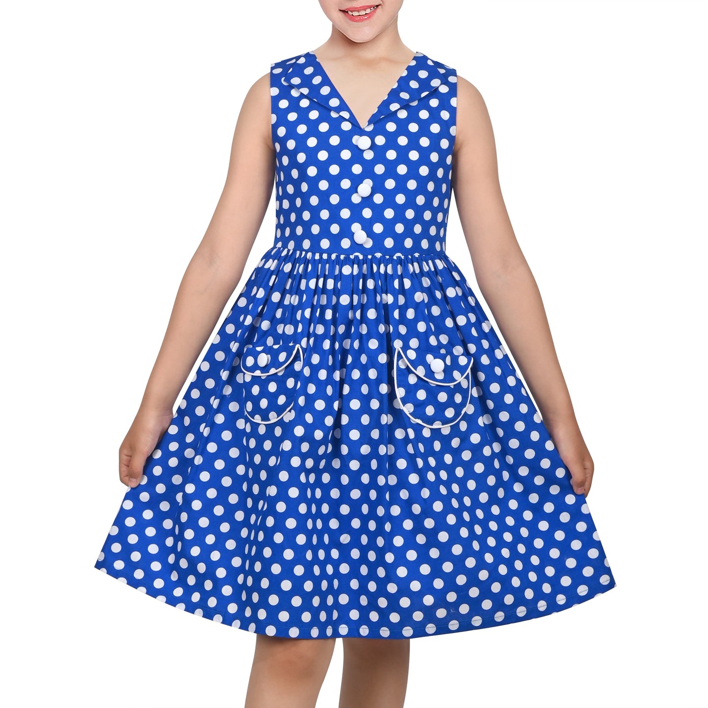 Girls Dress Pink Polka Dot Pocket Button School Summer Sleeveless Cotton Blue