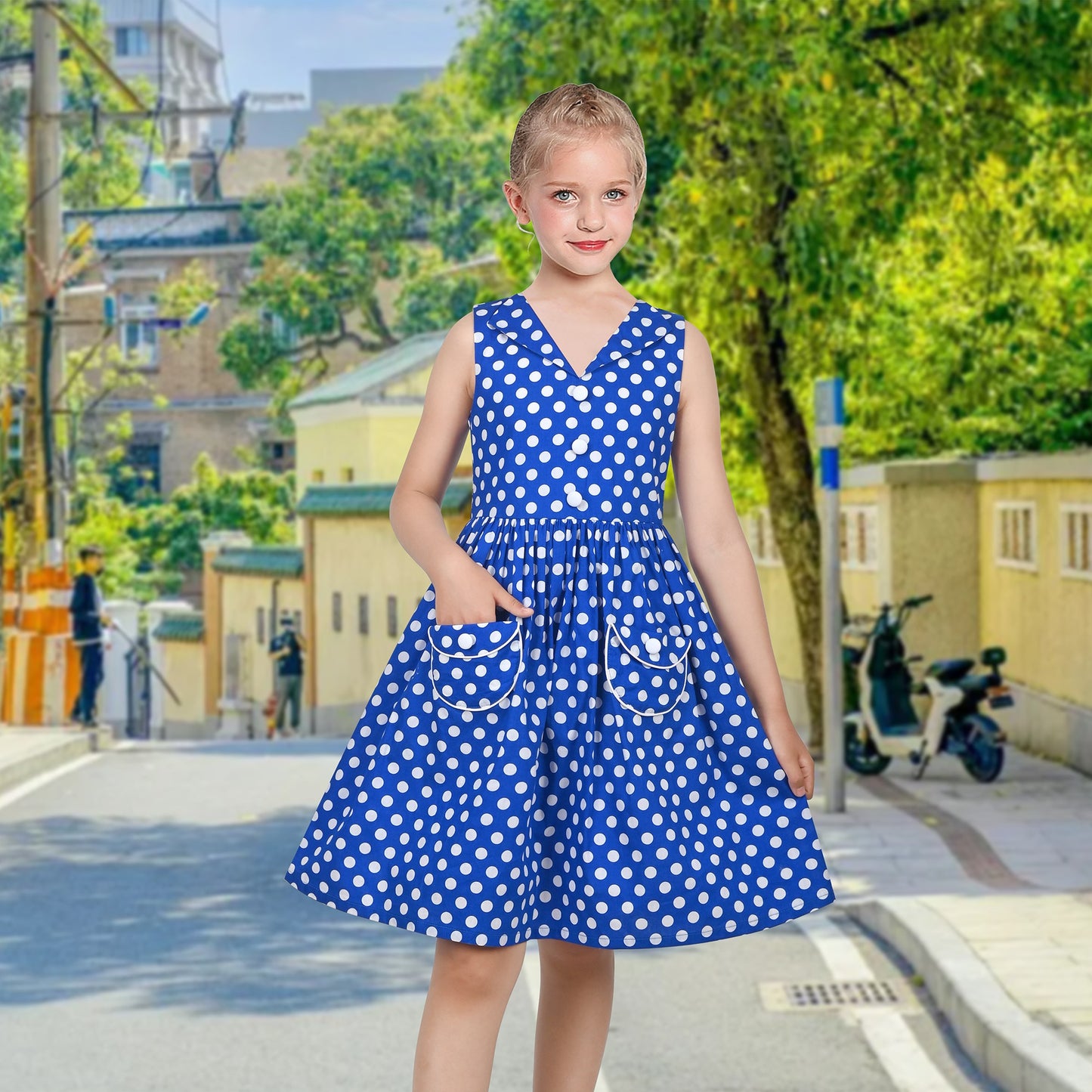 Girls Dress Pink Polka Dot Pocket Button School Summer Sleeveless Cotton Blue