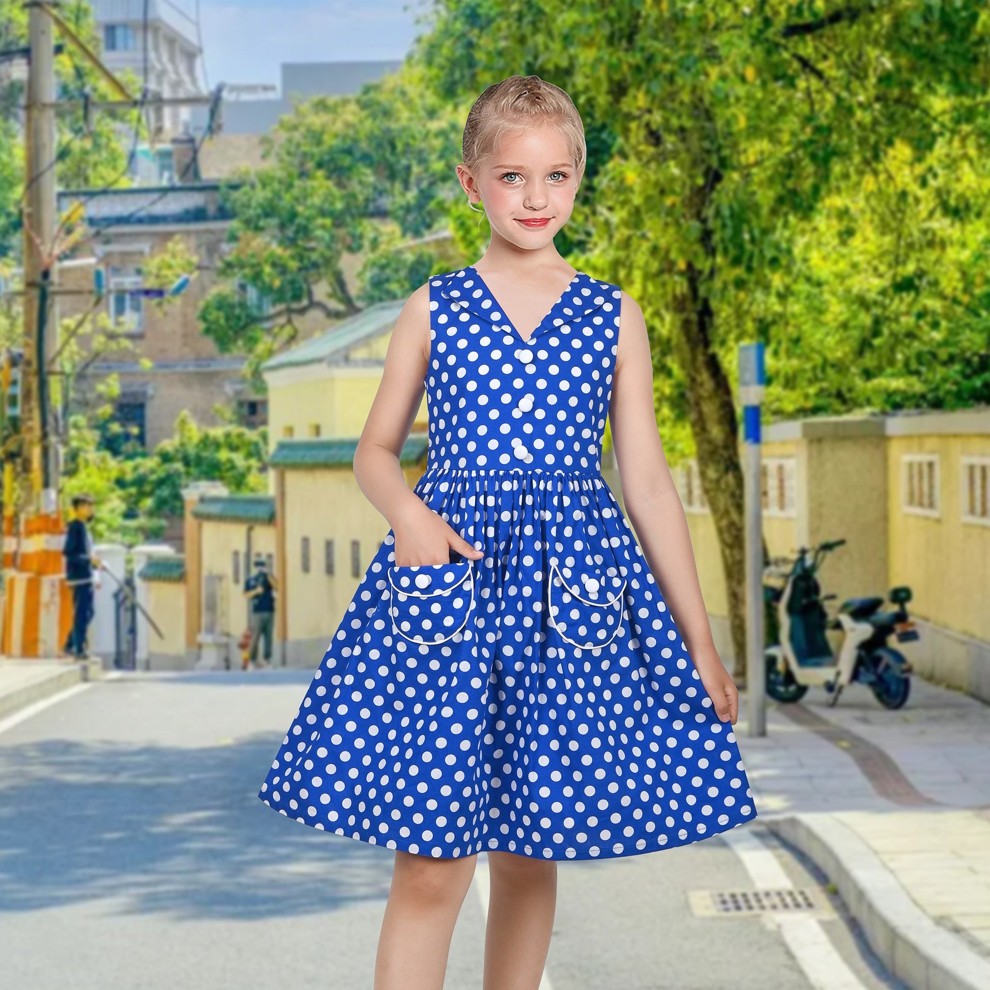 Girls Dress Pink Polka Dot Pocket Button School Summer Sleeveless Cotton Blue