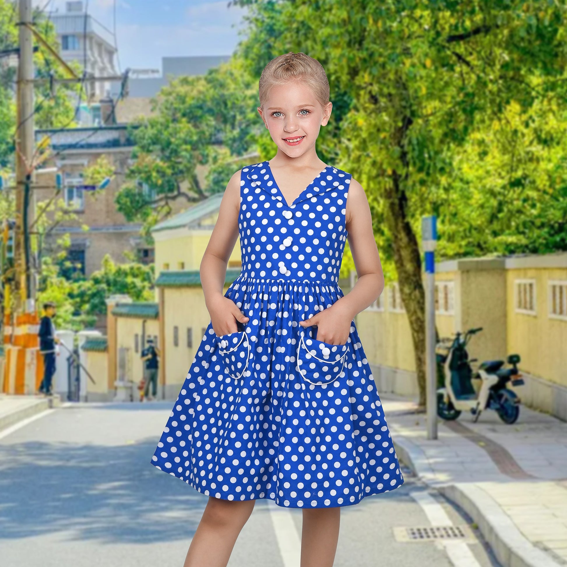 Girls Dress Pink Polka Dot Pocket Button School Summer Sleeveless Cotton Blue