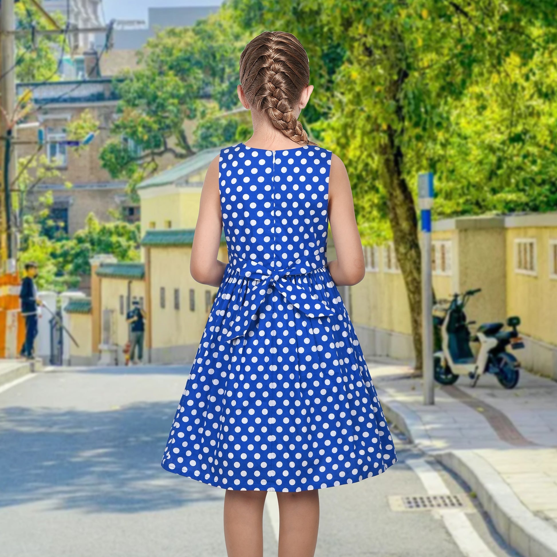 Girls Dress Pink Polka Dot Pocket Button School Summer Sleeveless Cotton Blue