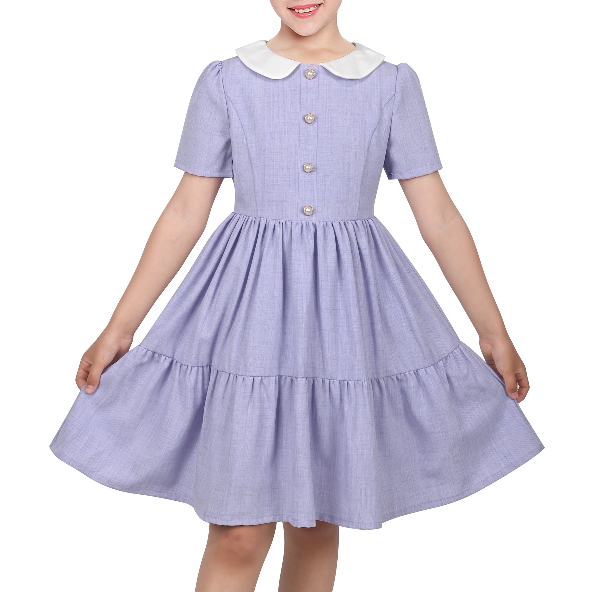 Girls Dress Purple Rainbow White Collar Short Sleeve Casual Birthday Purple