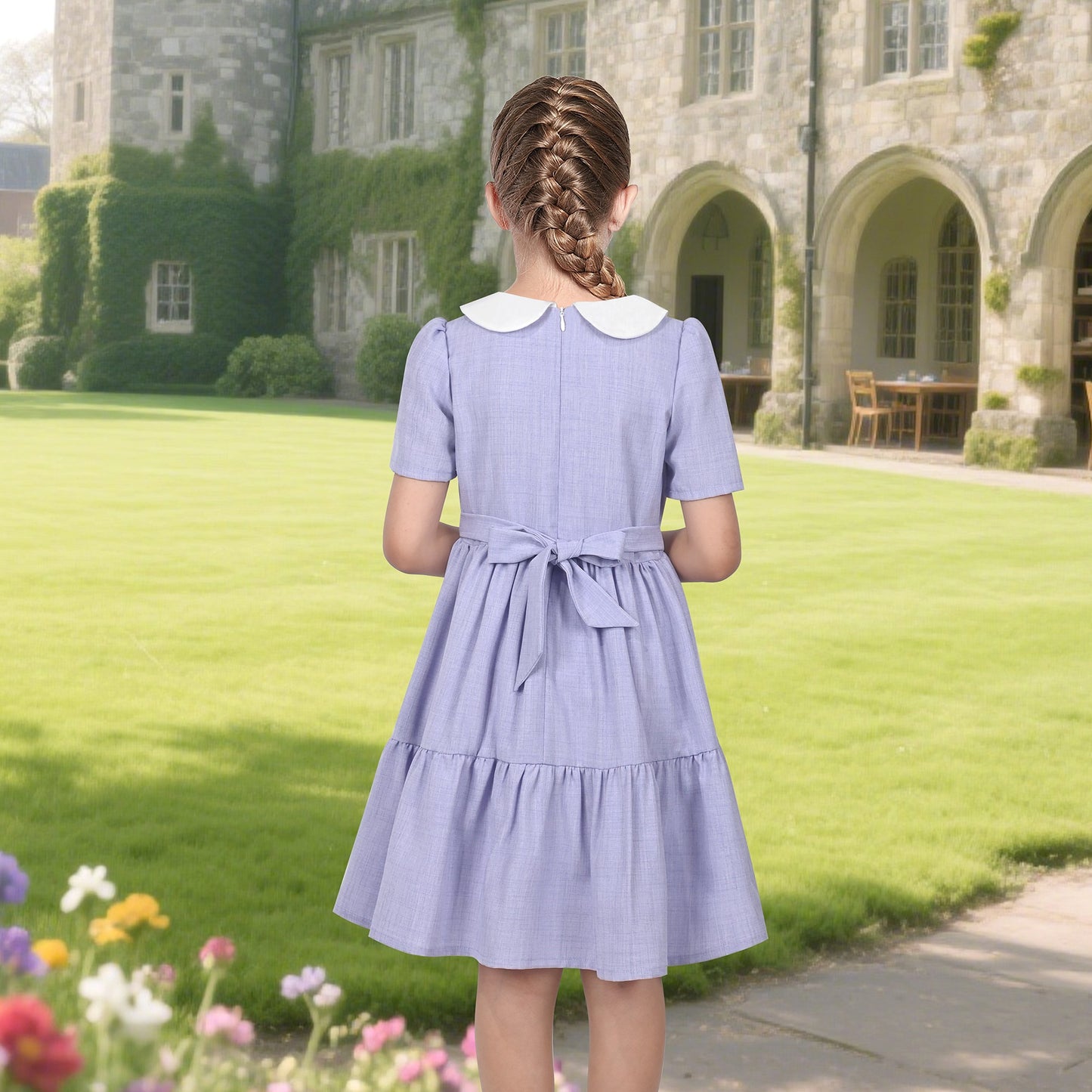 Girls Dress Purple Rainbow White Collar Short Sleeve Casual Birthday Purple