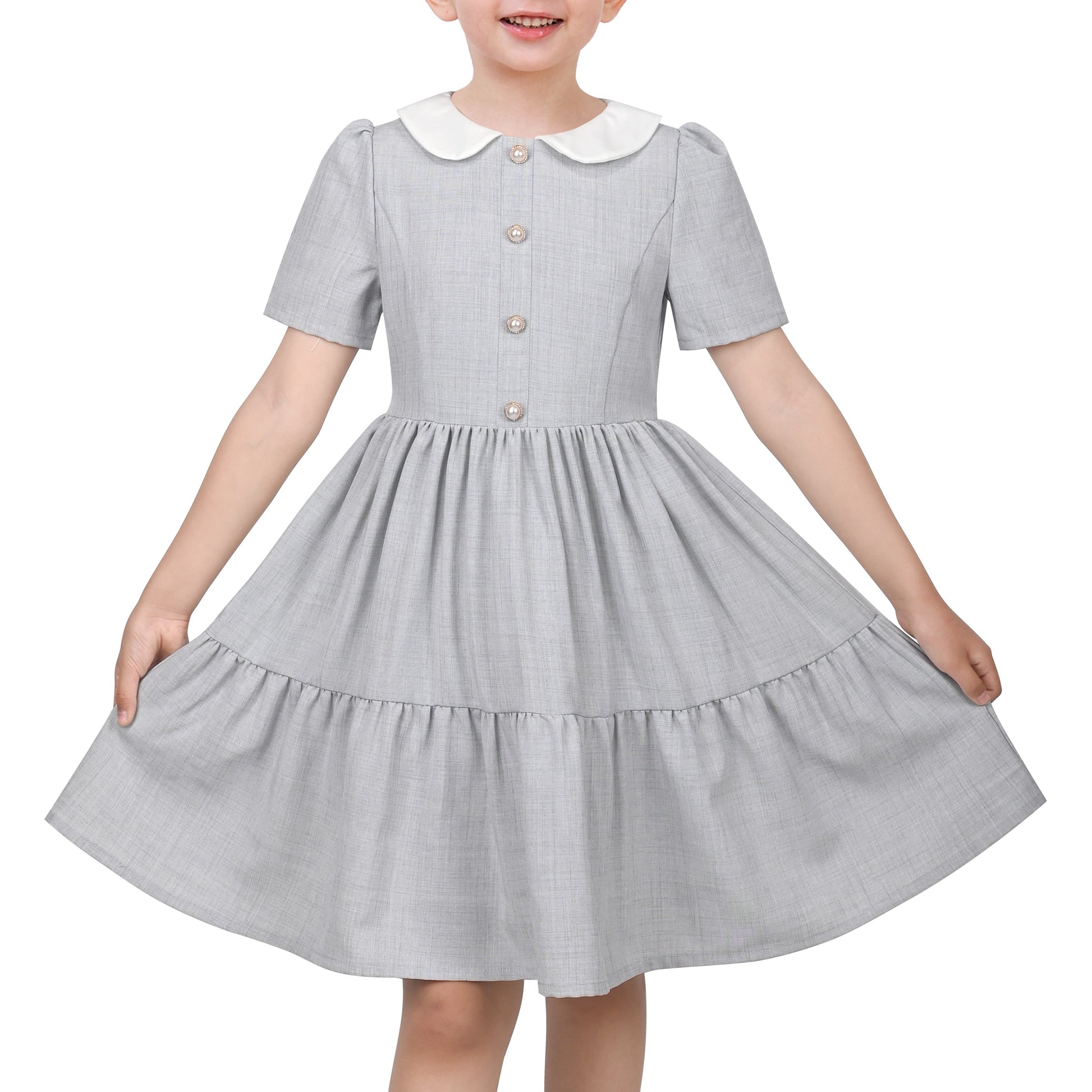Girls Dress Purple Rainbow White Collar Short Sleeve Casual Birthday Gray