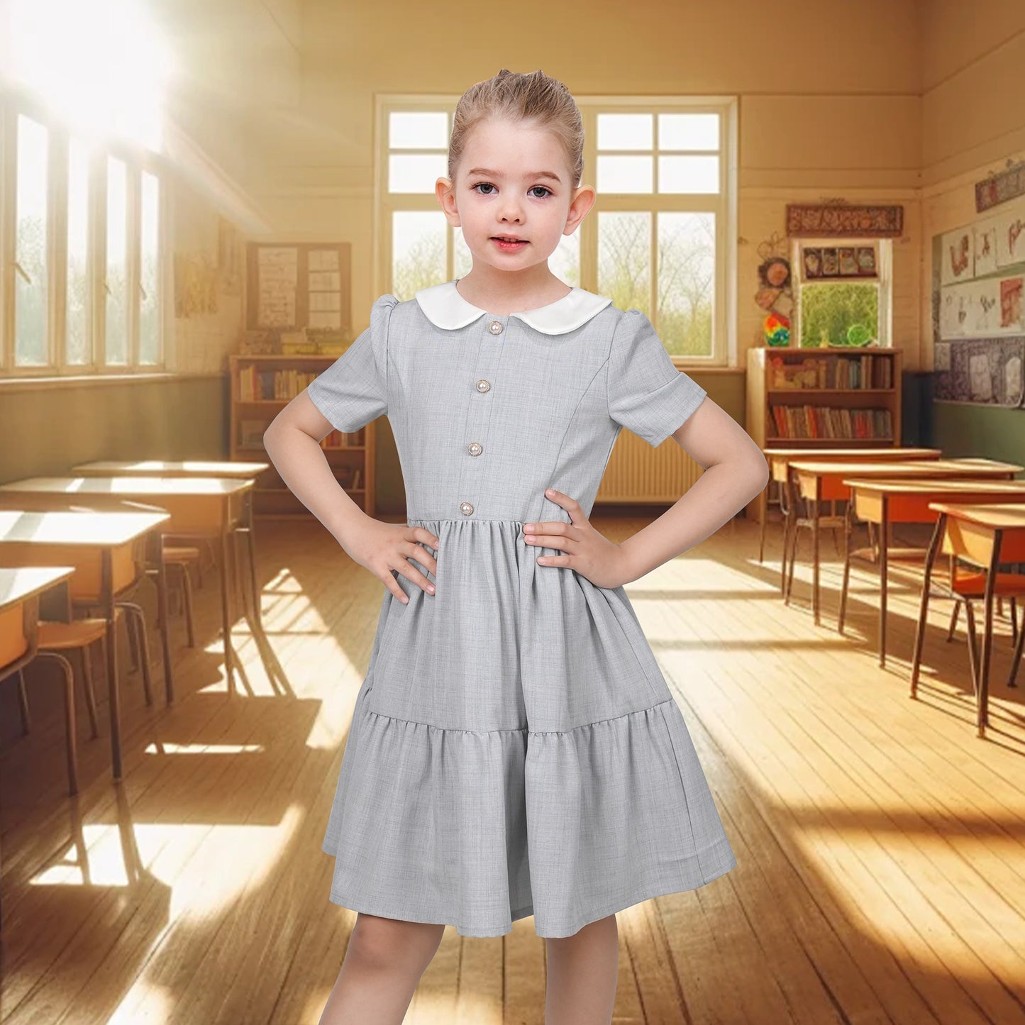 Girls Dress Purple Rainbow White Collar Short Sleeve Casual Birthday Gray