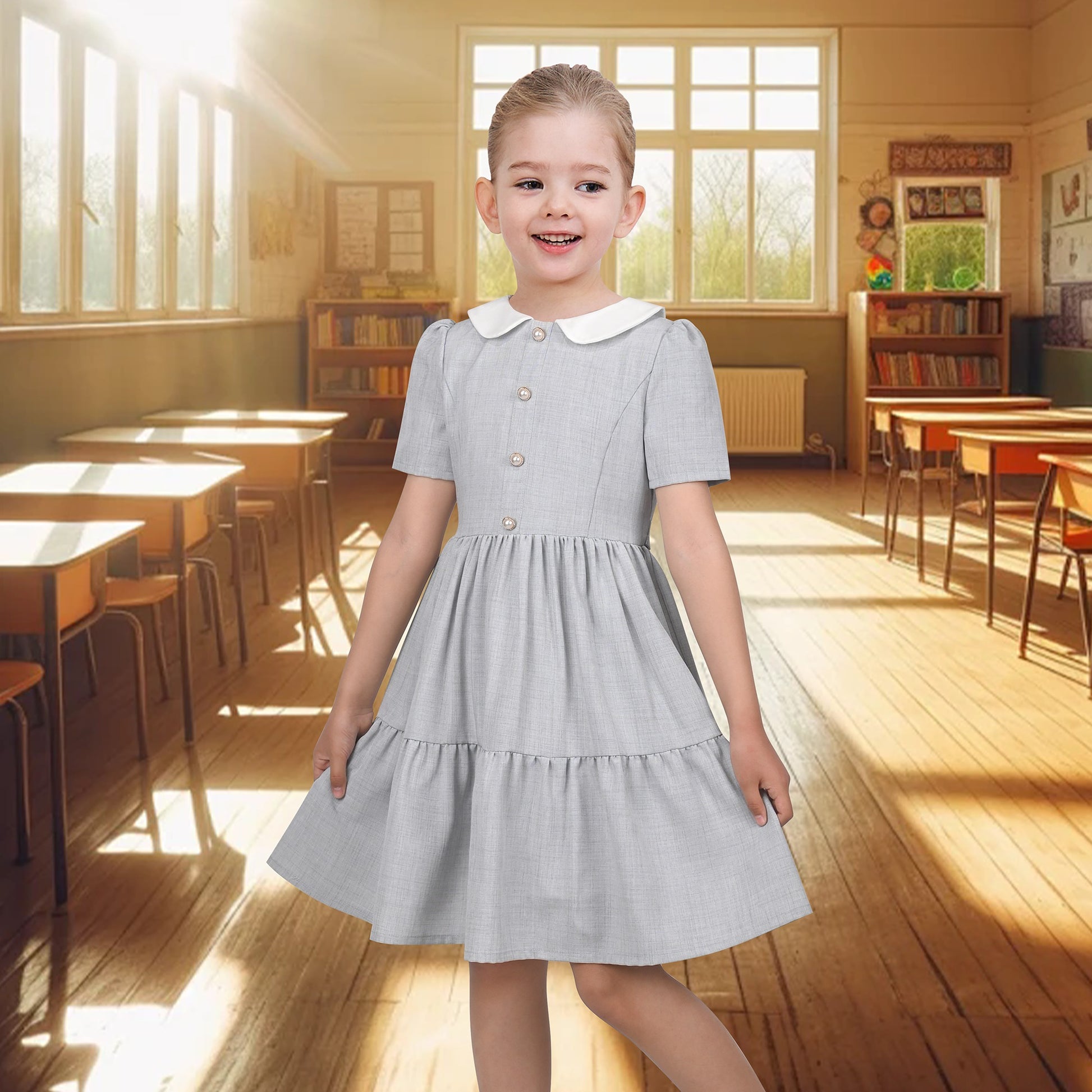 Girls Dress Purple Rainbow White Collar Short Sleeve Casual Birthday Gray